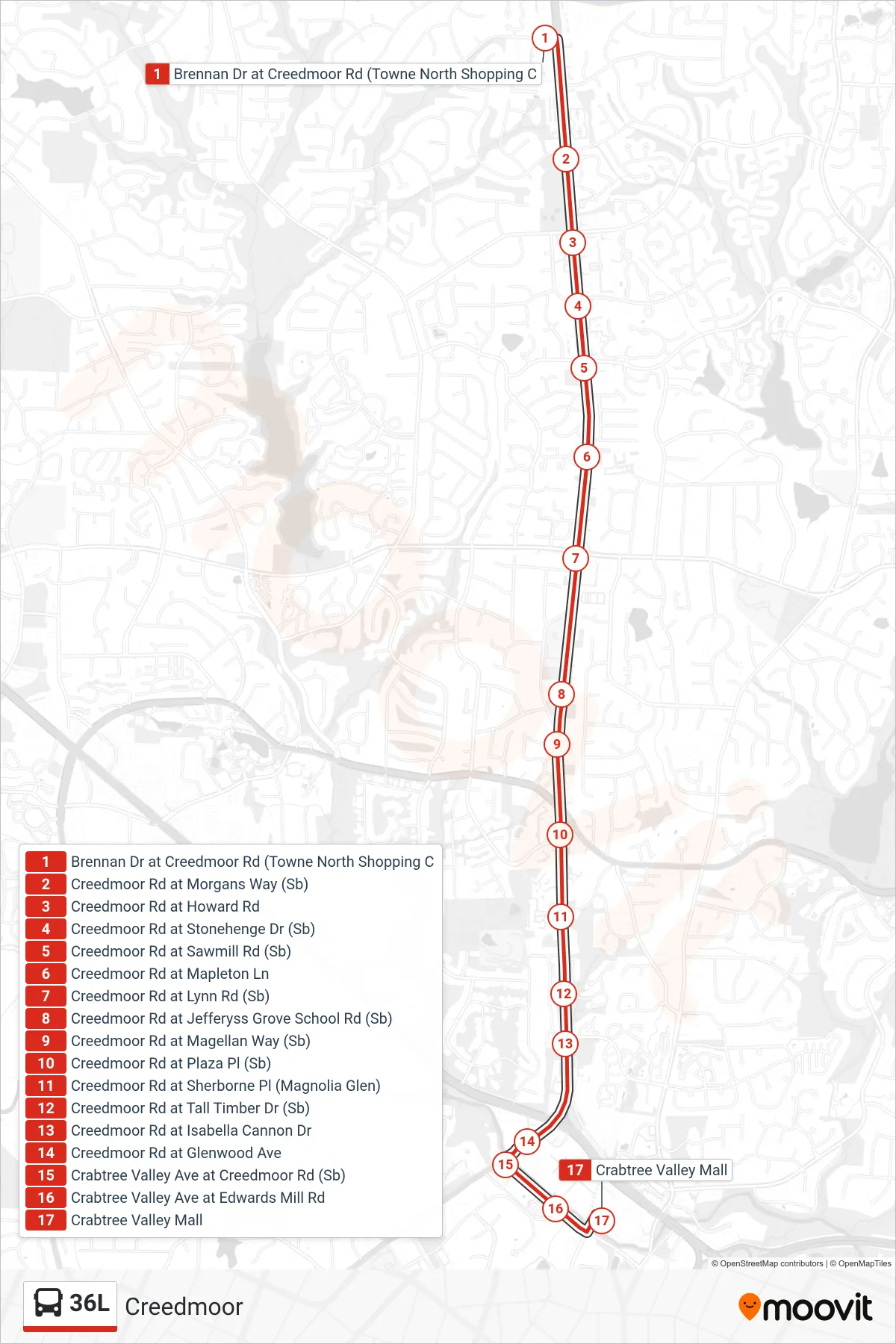 36L bus Line (Brennan Dr at Creedmoor Rd (Towne North Shopping C‎→Crabtree Valley Mall) route and stops on a map
