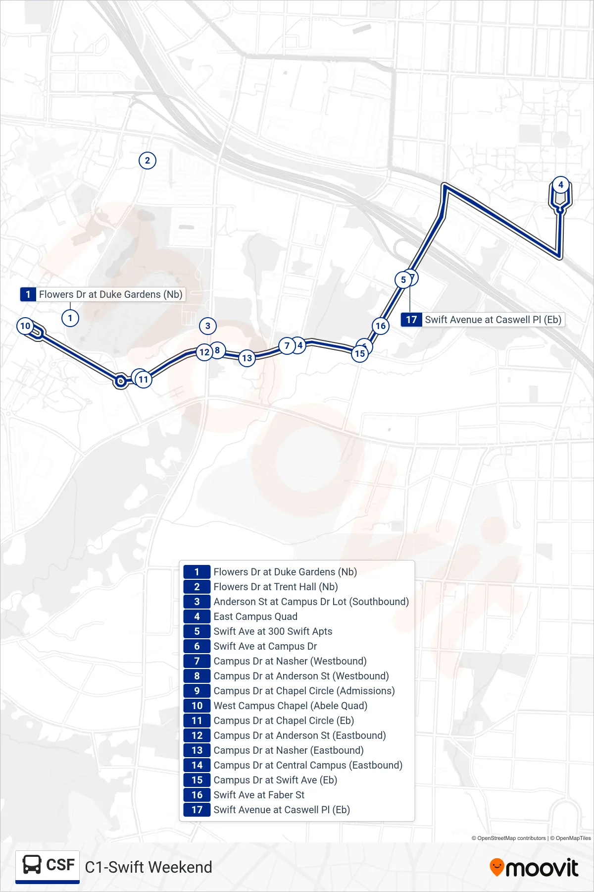 CSF bus Line (East Campus Quad) route and stops on a map