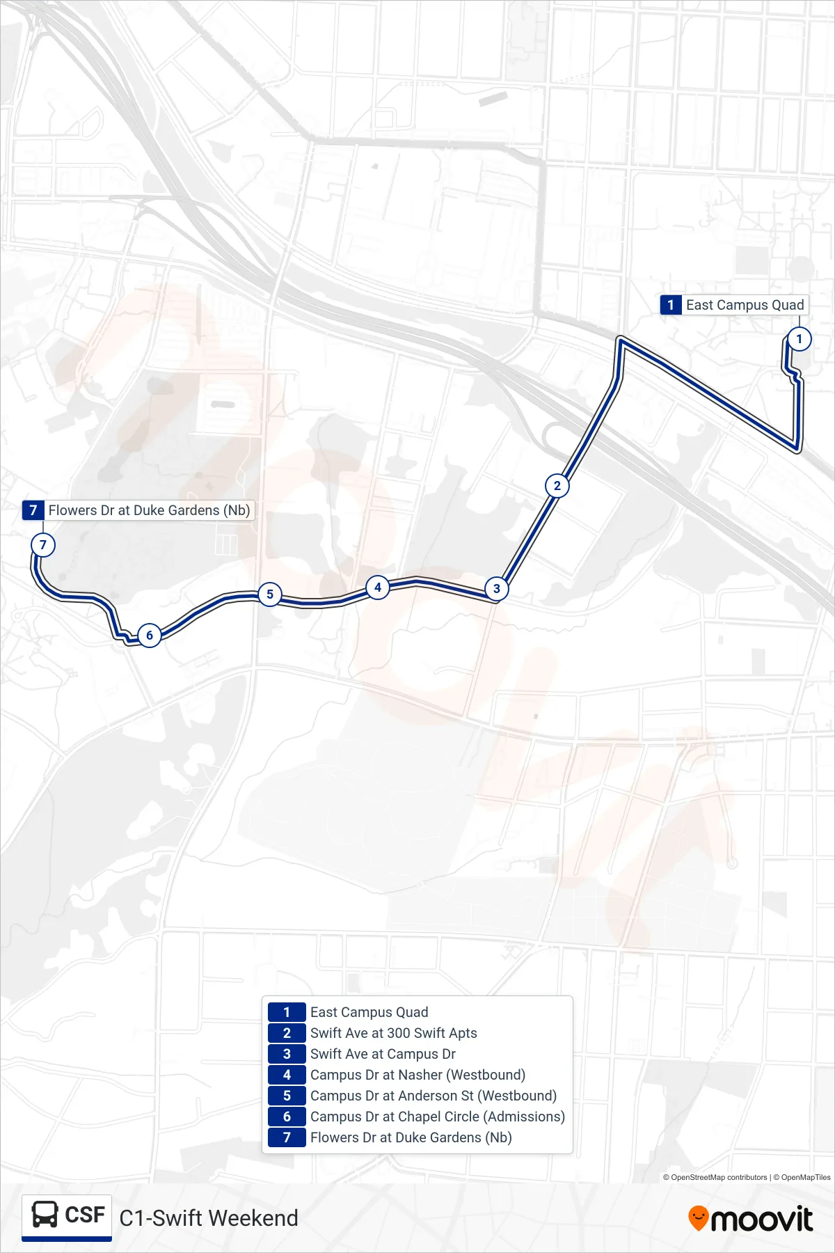 CSF bus Line (Flowers Dr at Duke Gardens (Nb)) route and stops on a map