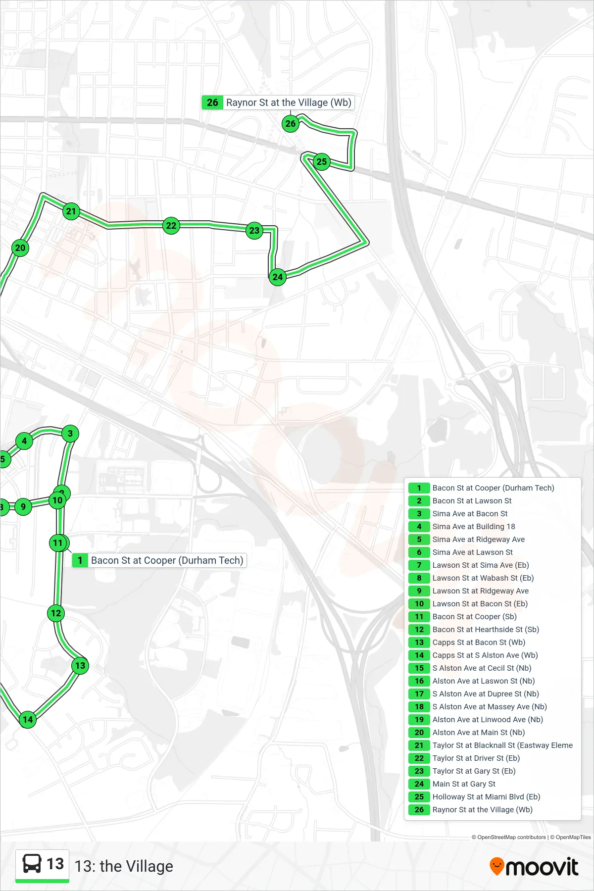 13 bus Line (13: the Village) route and stops on a map