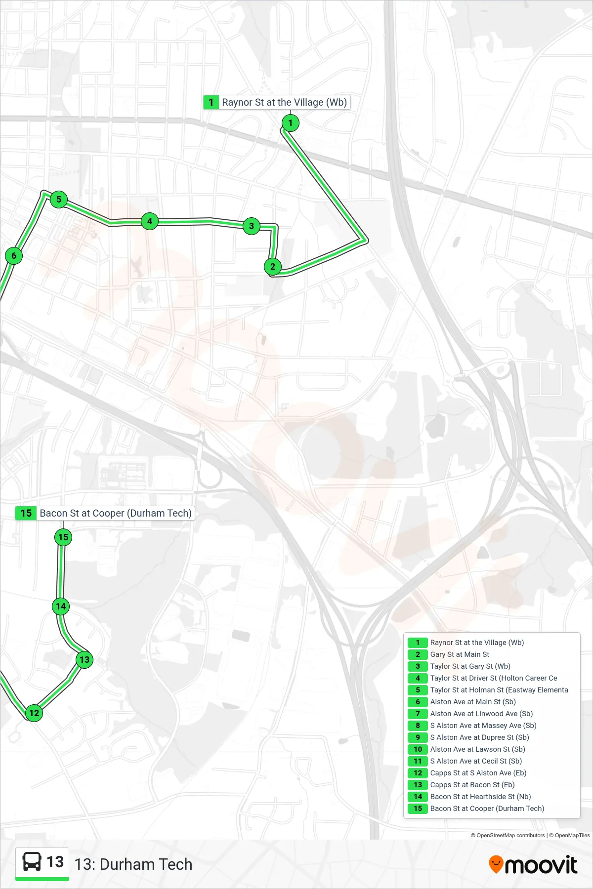 13 bus Line (13: Durham Tech) route and stops on a map