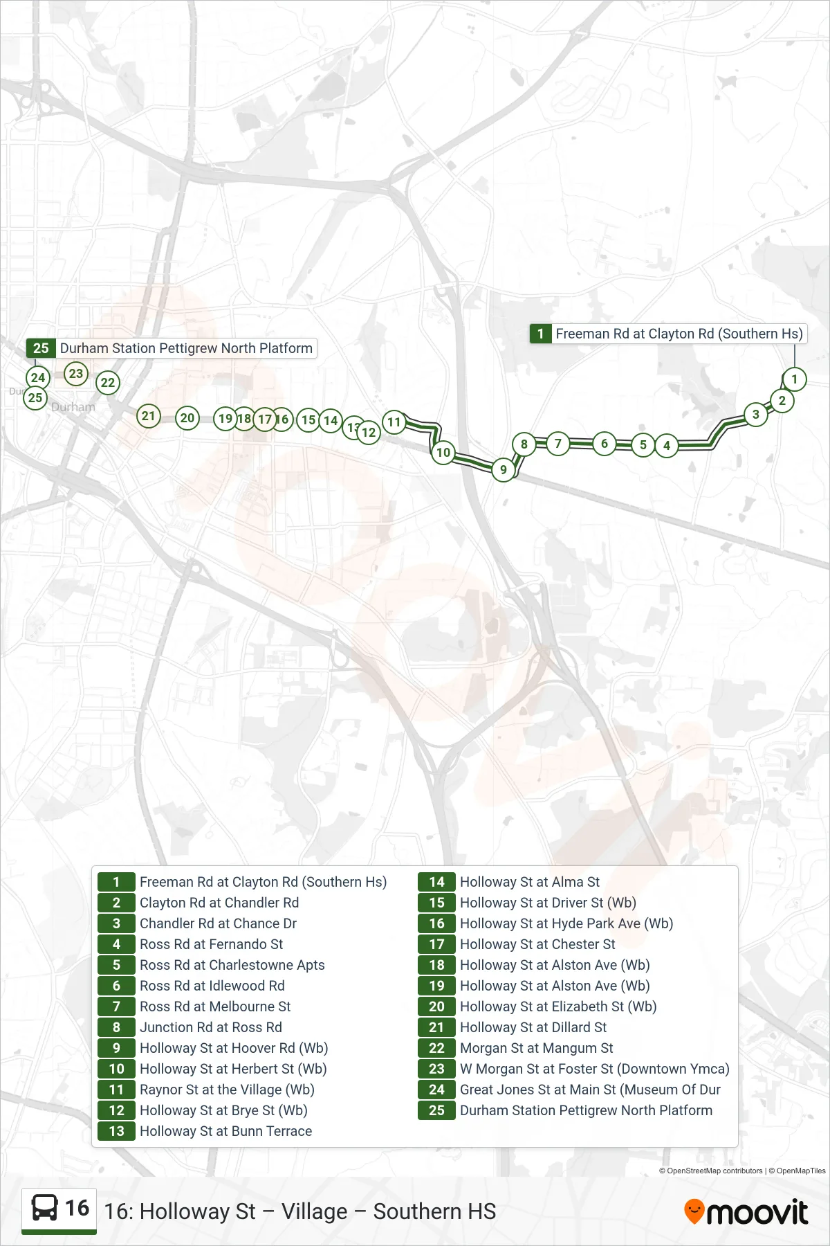 16 bus Line (16: Durham Station) route and stops on a map