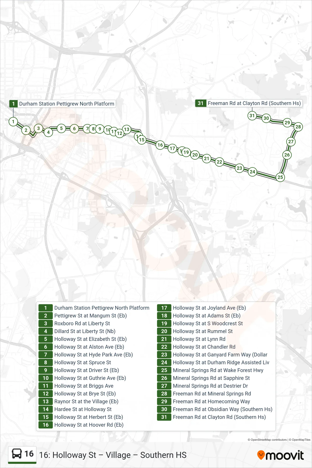 16 bus Line (16: Southern Hs) route and stops on a map