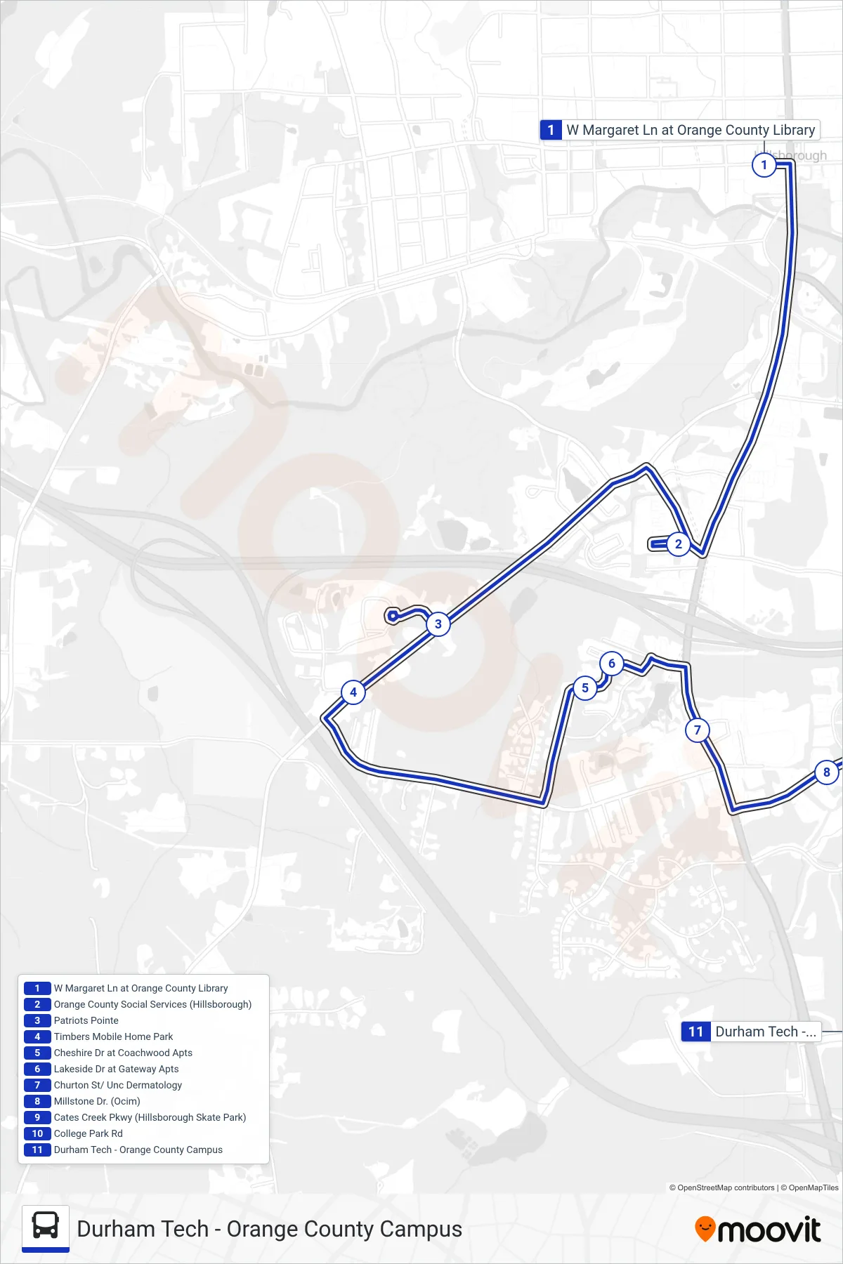 HC - BLUE LOOP bus Line (Durham Tech - Orange County Campus) route and stops on a map