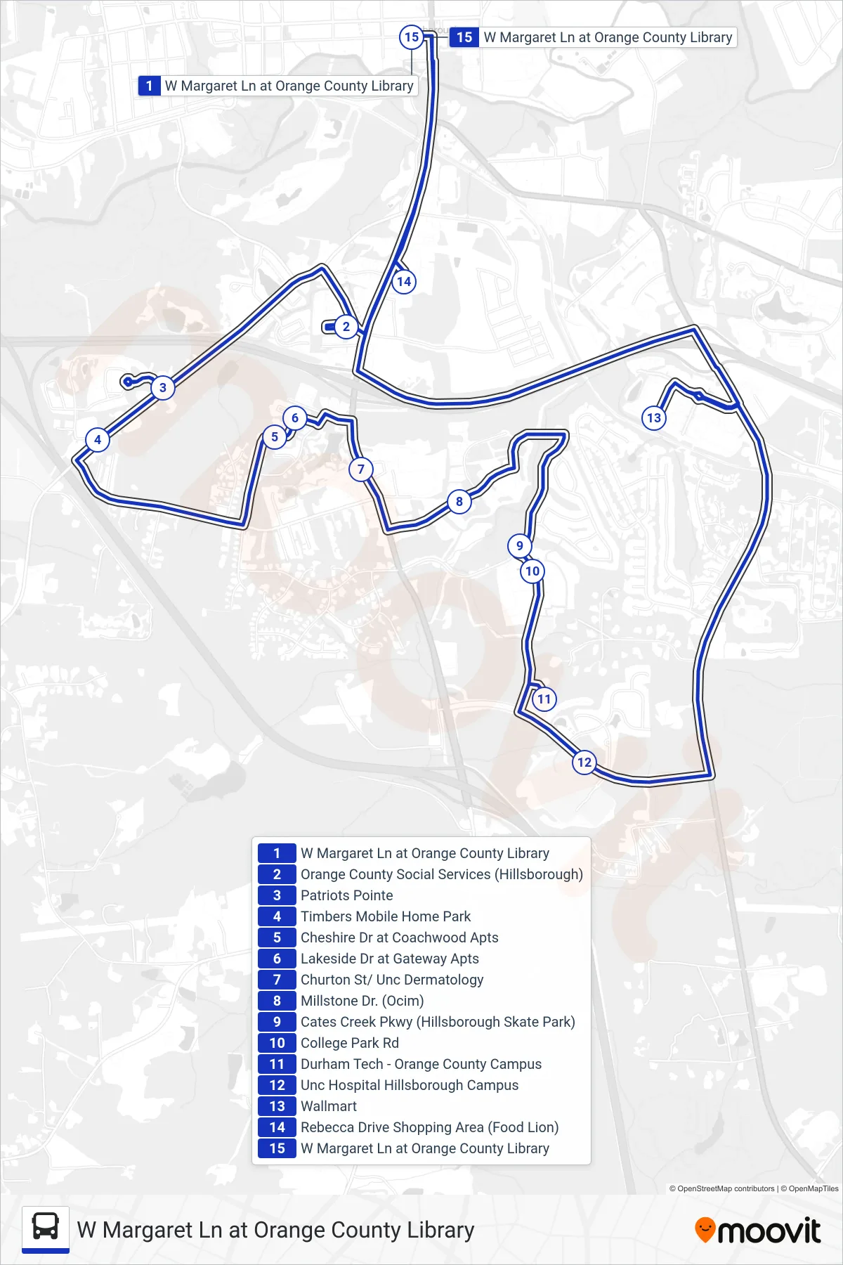HC - BLUE LOOP bus Line (W Margaret Ln at Orange County Library) route and stops on a map