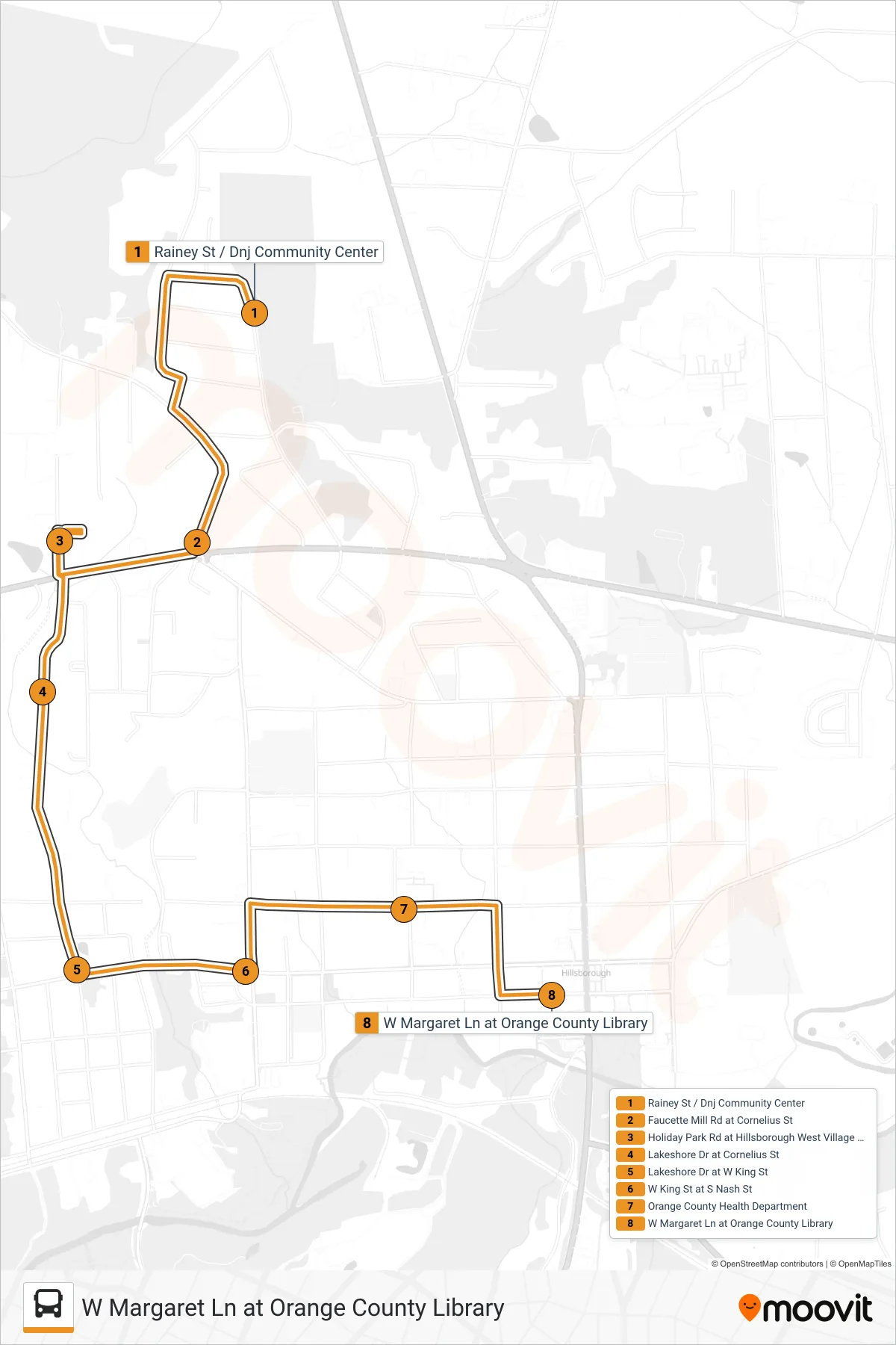 HC - ORANGE LOOP bus Line (W Margaret Ln at Orange County Library) route and stops on a map