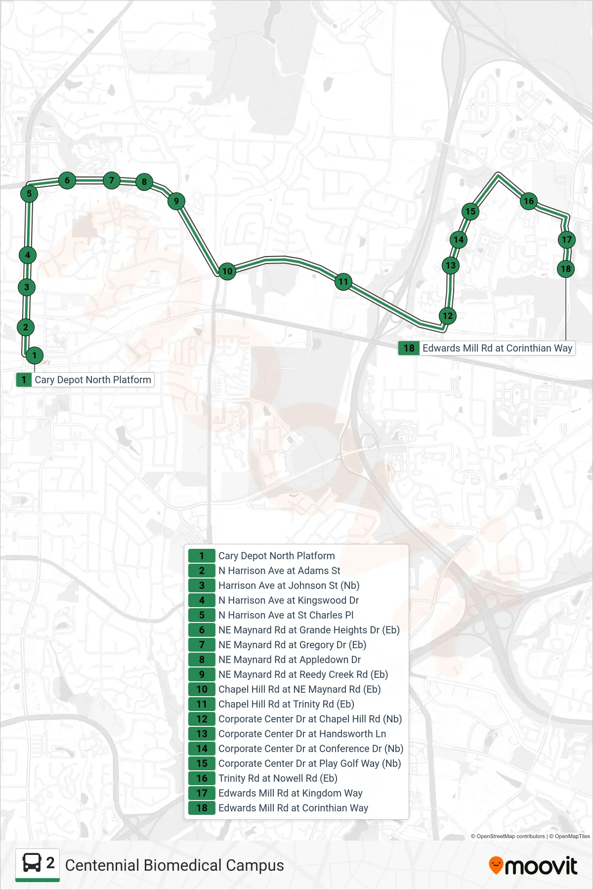 2 bus Line (Centennial Biomedical Campus) route and stops on a map