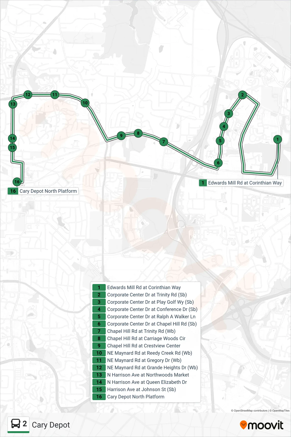 2 bus Line (Cary Depot) route and stops on a map
