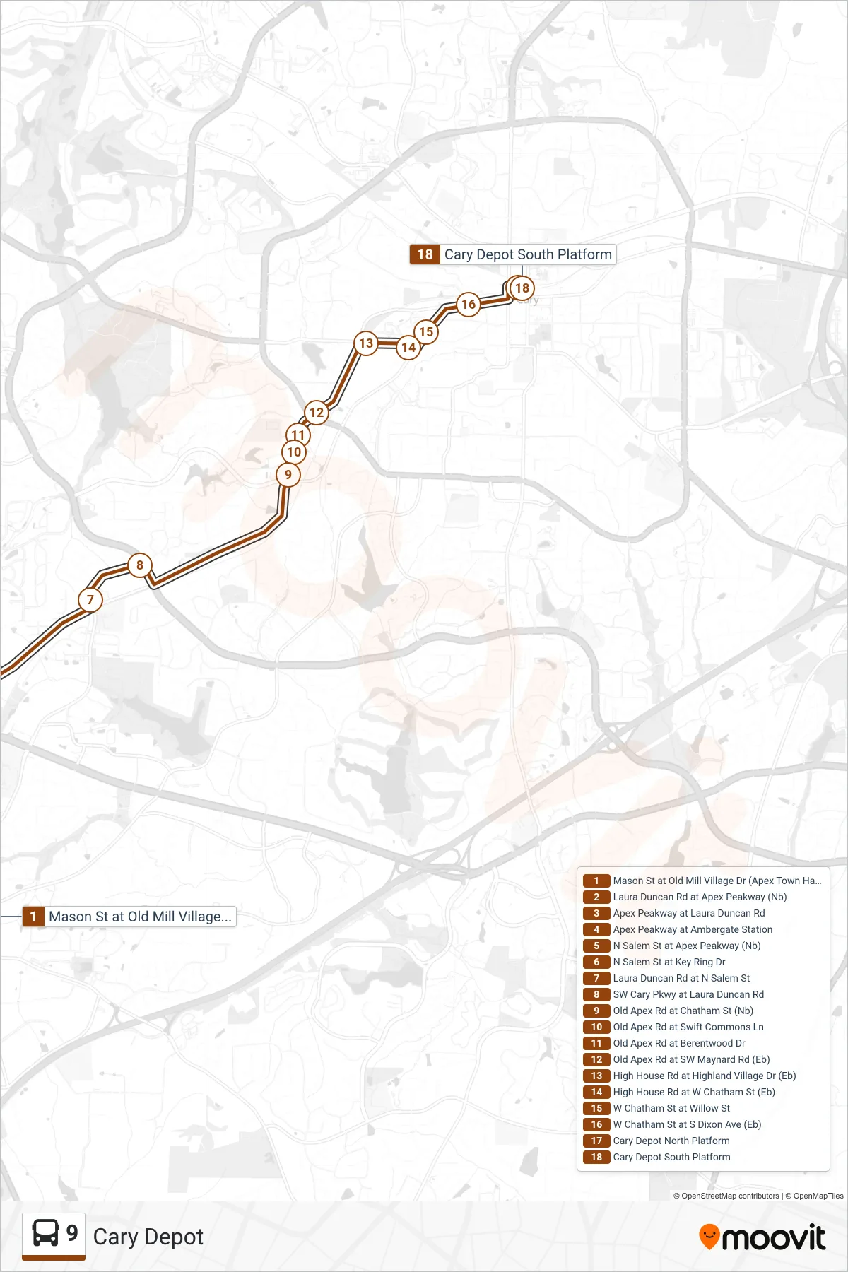 9 bus Line (Cary Depot) route and stops on a map