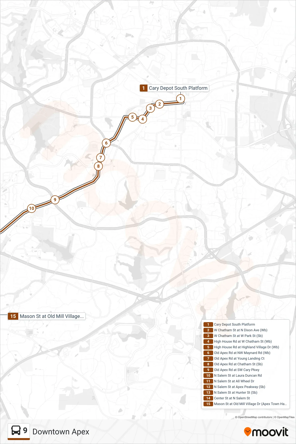 9 bus Line (Downtown Apex) route and stops on a map
