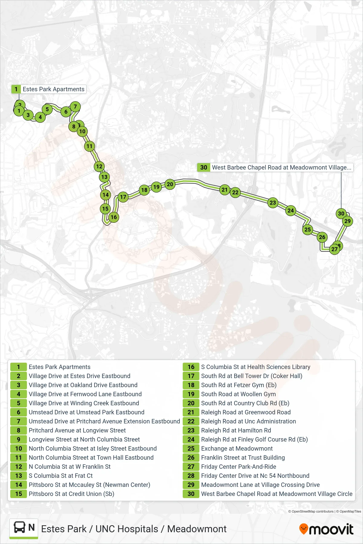 N bus Line (Estes Park Apartments‎→West Barbee Chapel Road at Meadowmont Village Circle) route and stops on a map