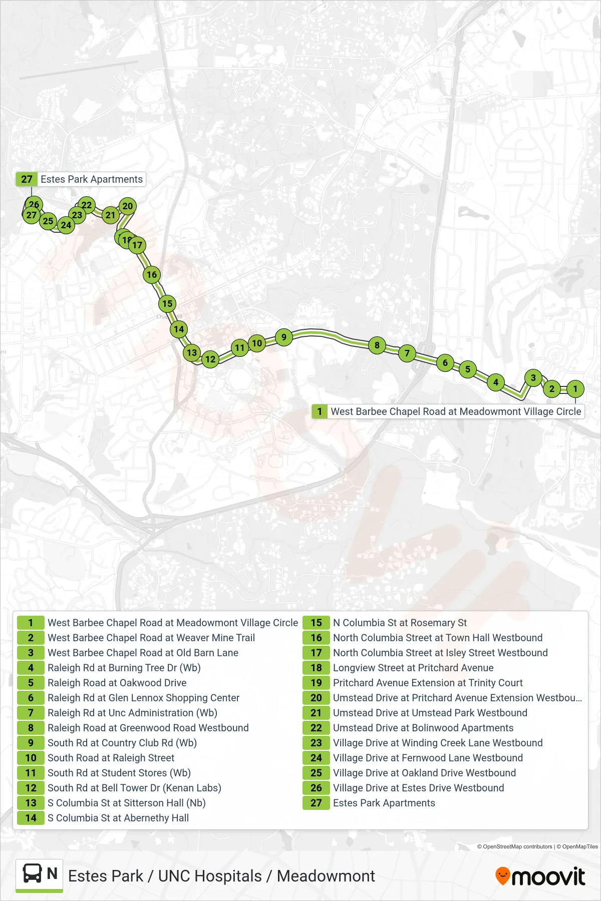 N bus Line (West Barbee Chapel Road at Meadowmont Village Circle→Estes Park Apartments) route and stops on a map
