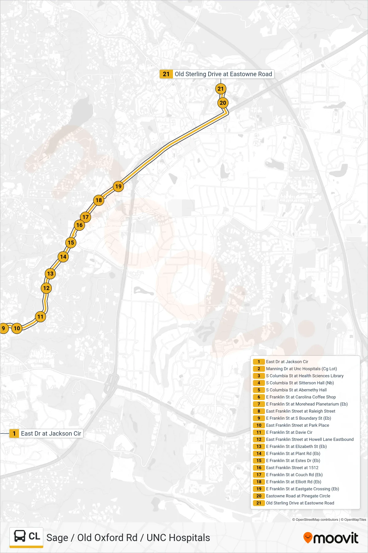 CL bus Line (East Drive at Jackson Circle‎→Old Sterling Drive at Eastowne Road) route and stops on a map