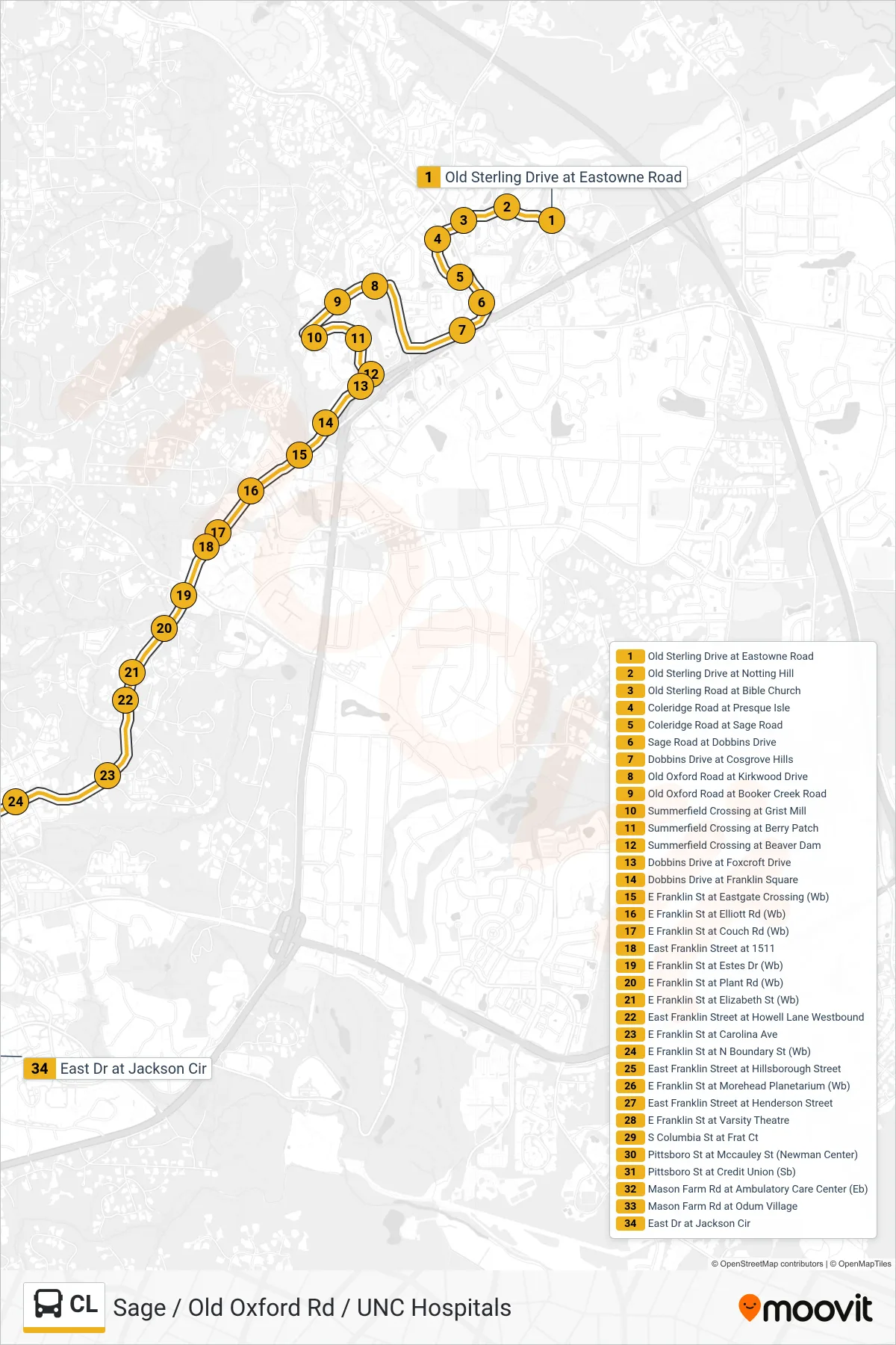 Recorrido y paradas de la línea CL de autobús (Old Sterling Drive at Eastowne Road‎→East Drive at Jackson Circle) en el mapa