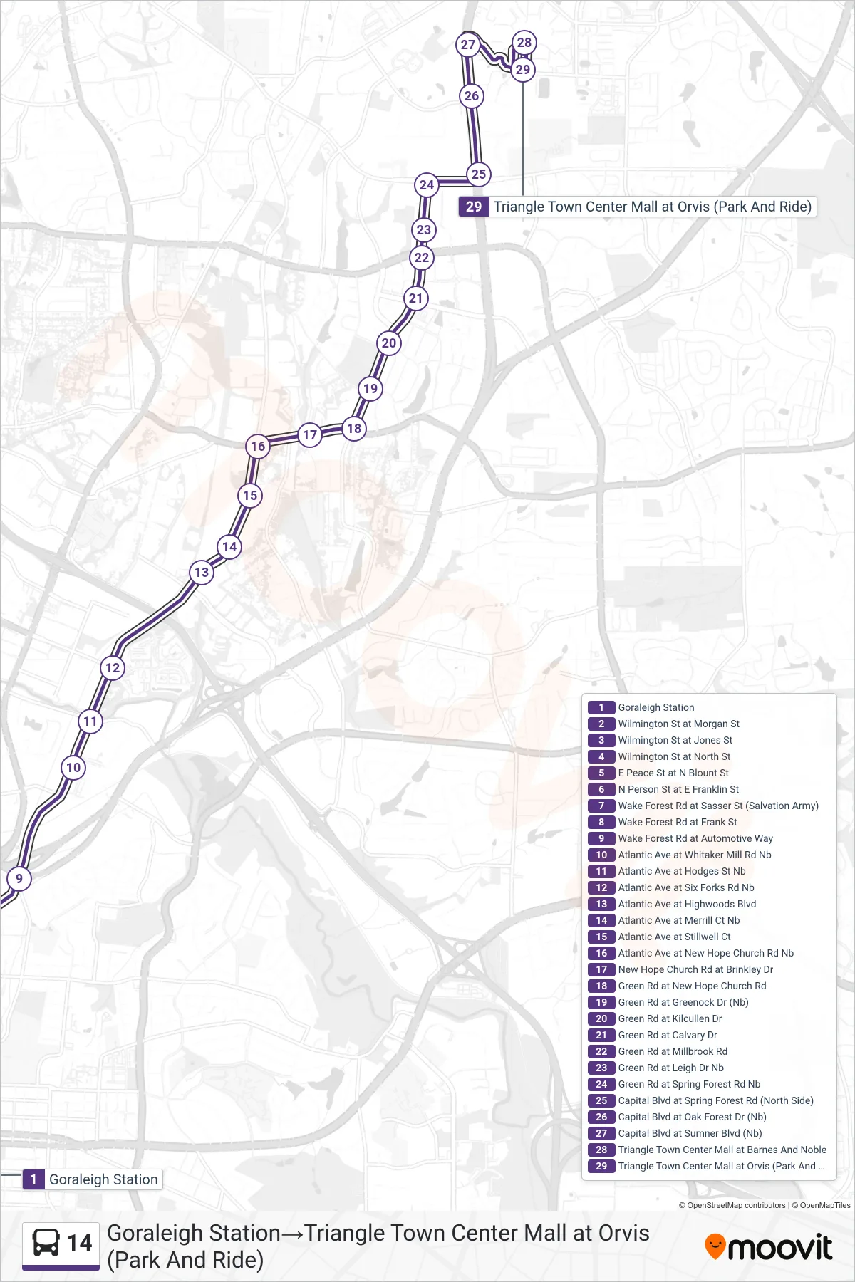 14 bus Line (Goraleigh Station→Triangle Town Center Mall at Orvis (Park And Ride)) route and stops on a map