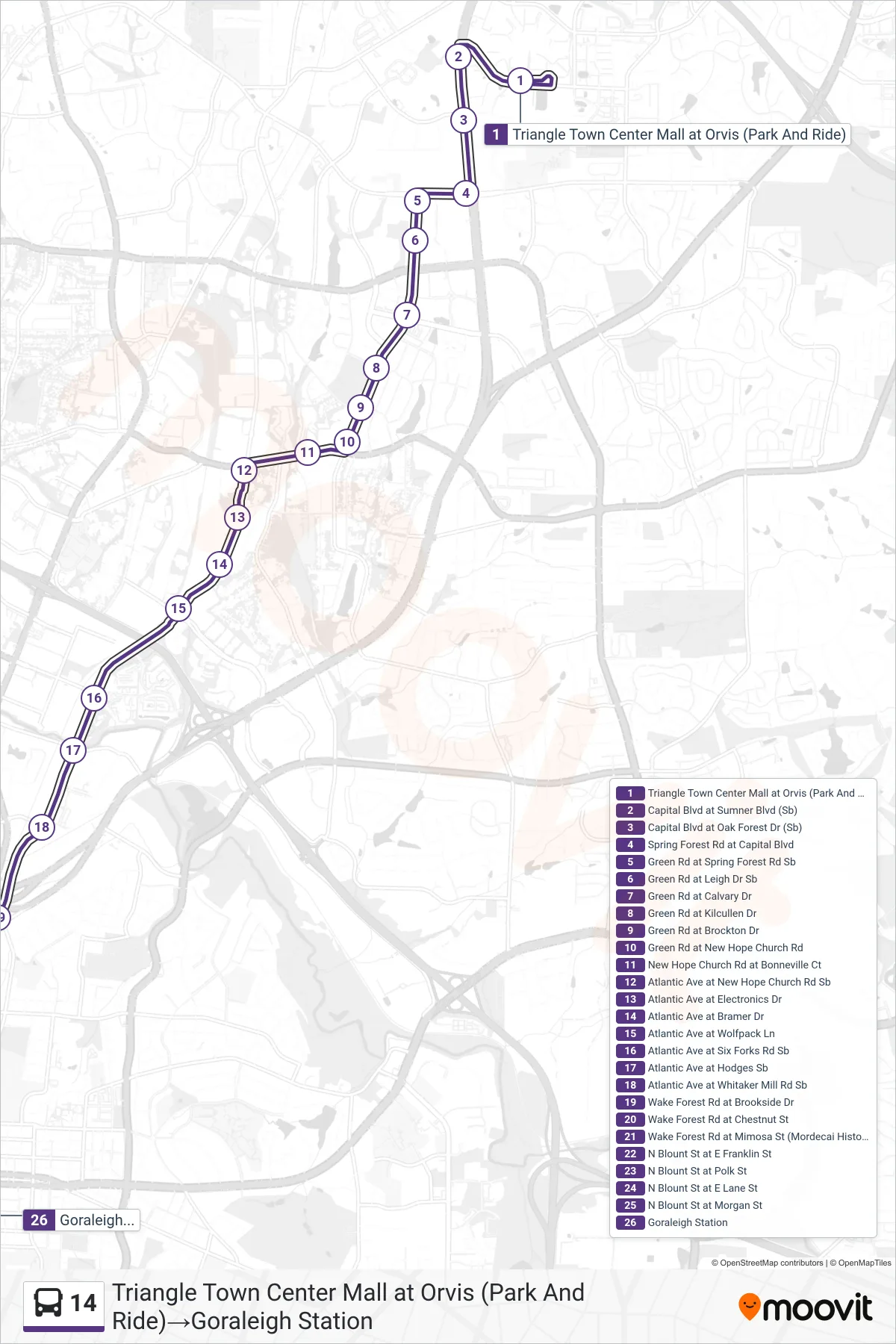14 bus Line (Triangle Town Center Mall at Orvis (Park And Ride)→Goraleigh Station) route and stops on a map