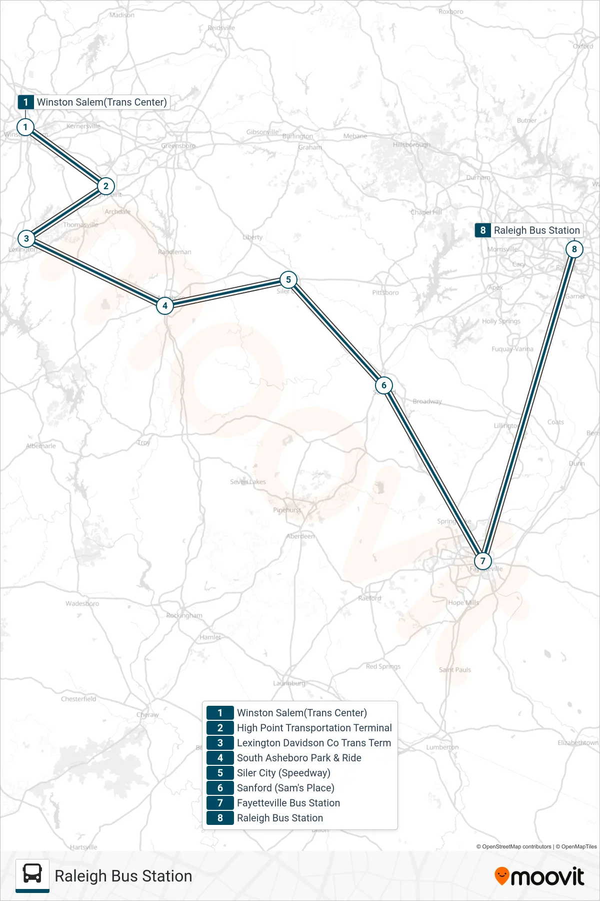 GREYHOUND US0647S bus Line (Raleigh Bus Station) route and stops on a map
