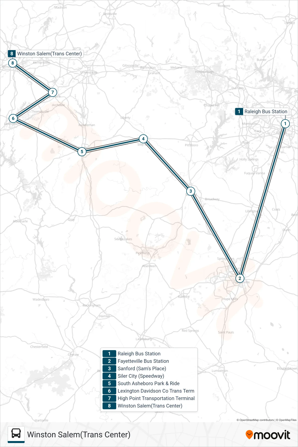 GREYHOUND US0647S bus Line (Winston Salem(Trans Center)) route and stops on a map