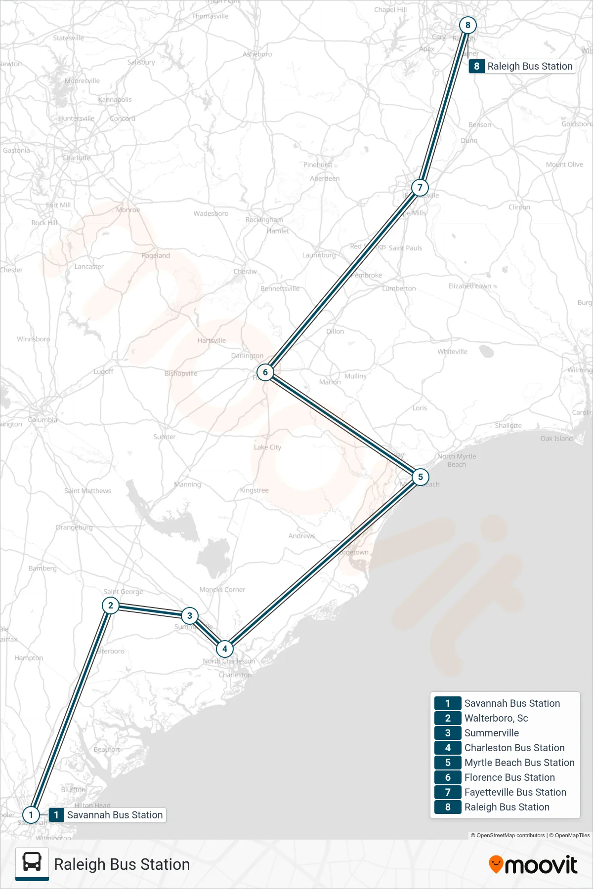 GREYHOUND US0645S bus Line (Raleigh Bus Station) route and stops on a map