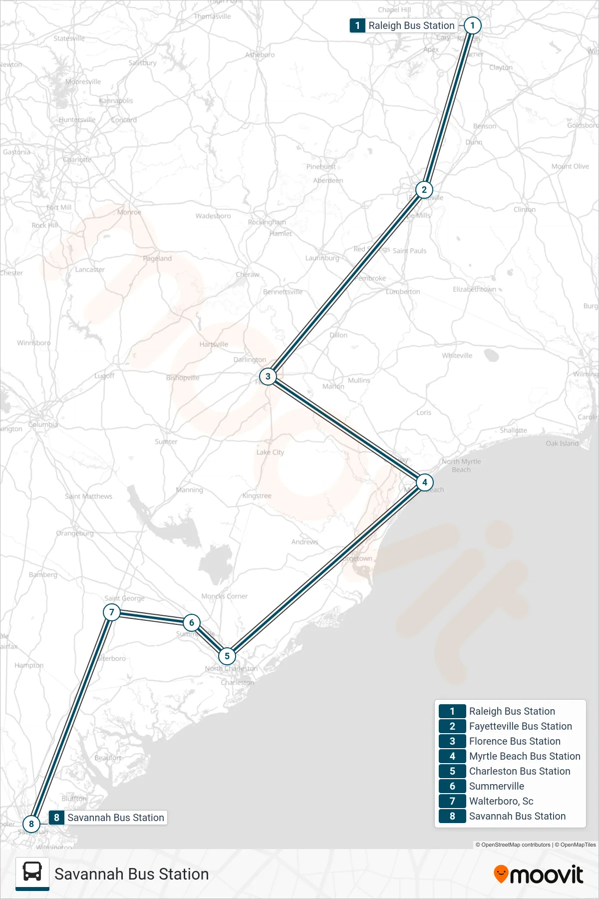GREYHOUND US0645S bus Line (Savannah Bus Station) route and stops on a map
