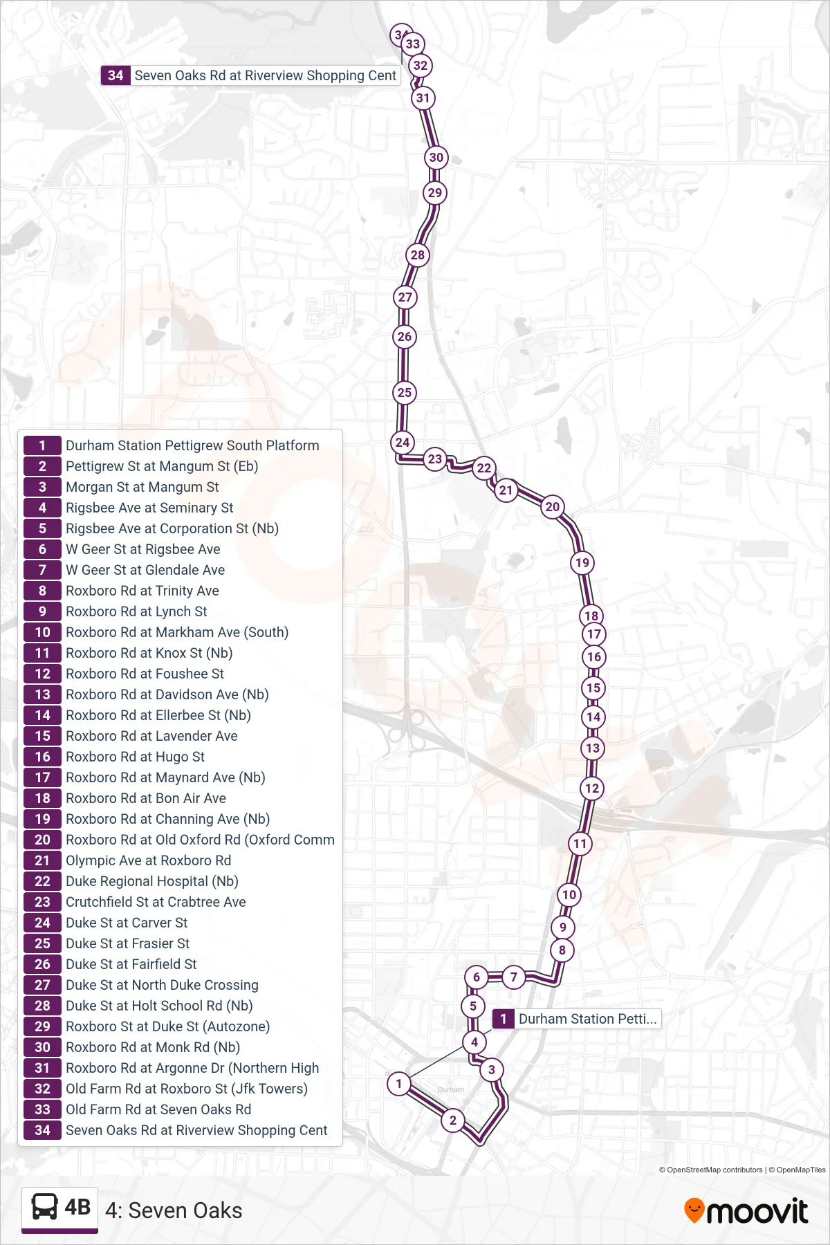 4B bus Line (4: Seven Oaks) route and stops on a map