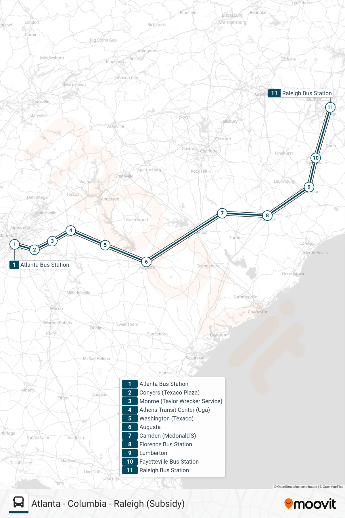 GREYHOUND US0642S bus Line (Raleigh Bus Station) route and stops on a map