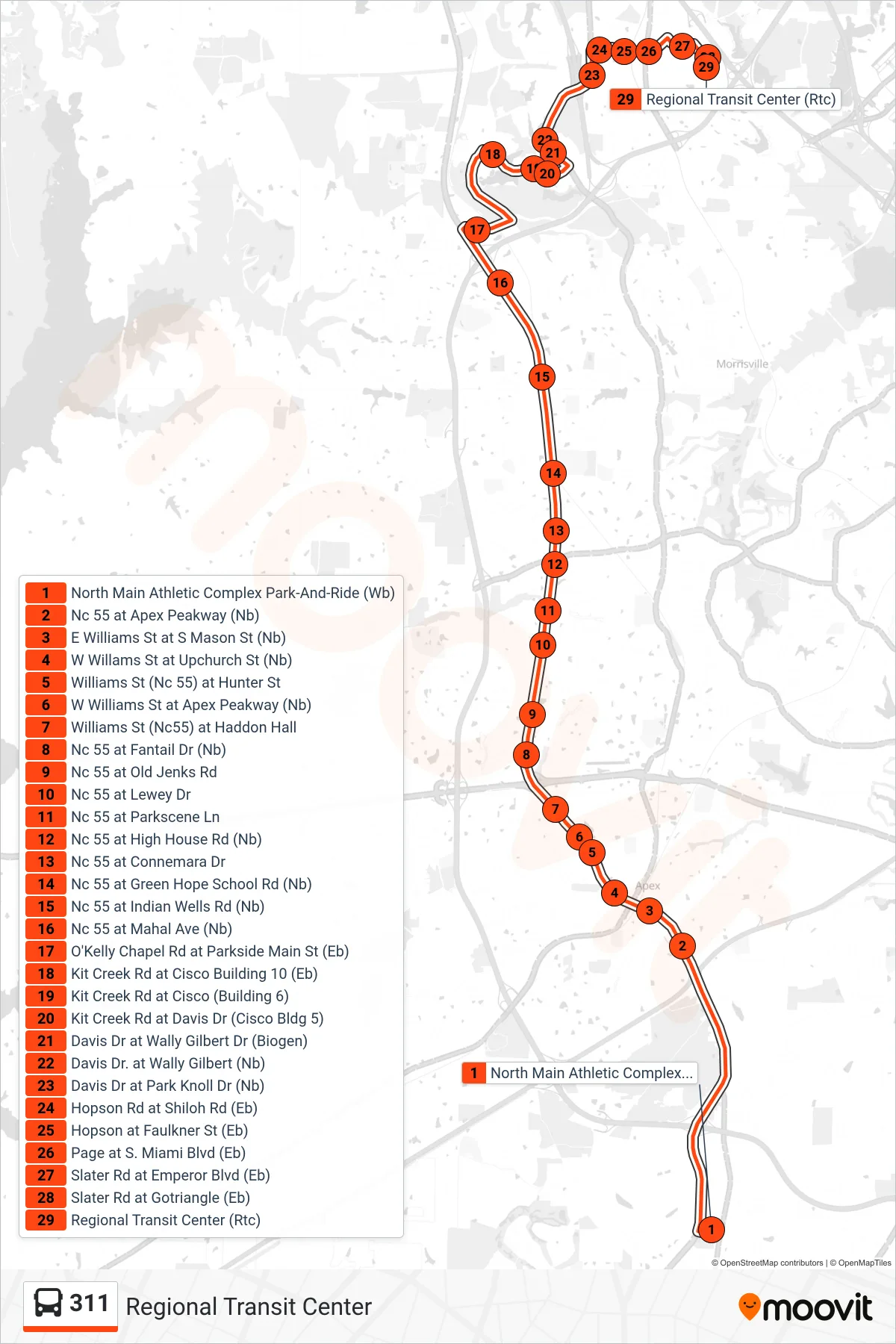 311 bus Line (Regional Transit Center) route and stops on a map