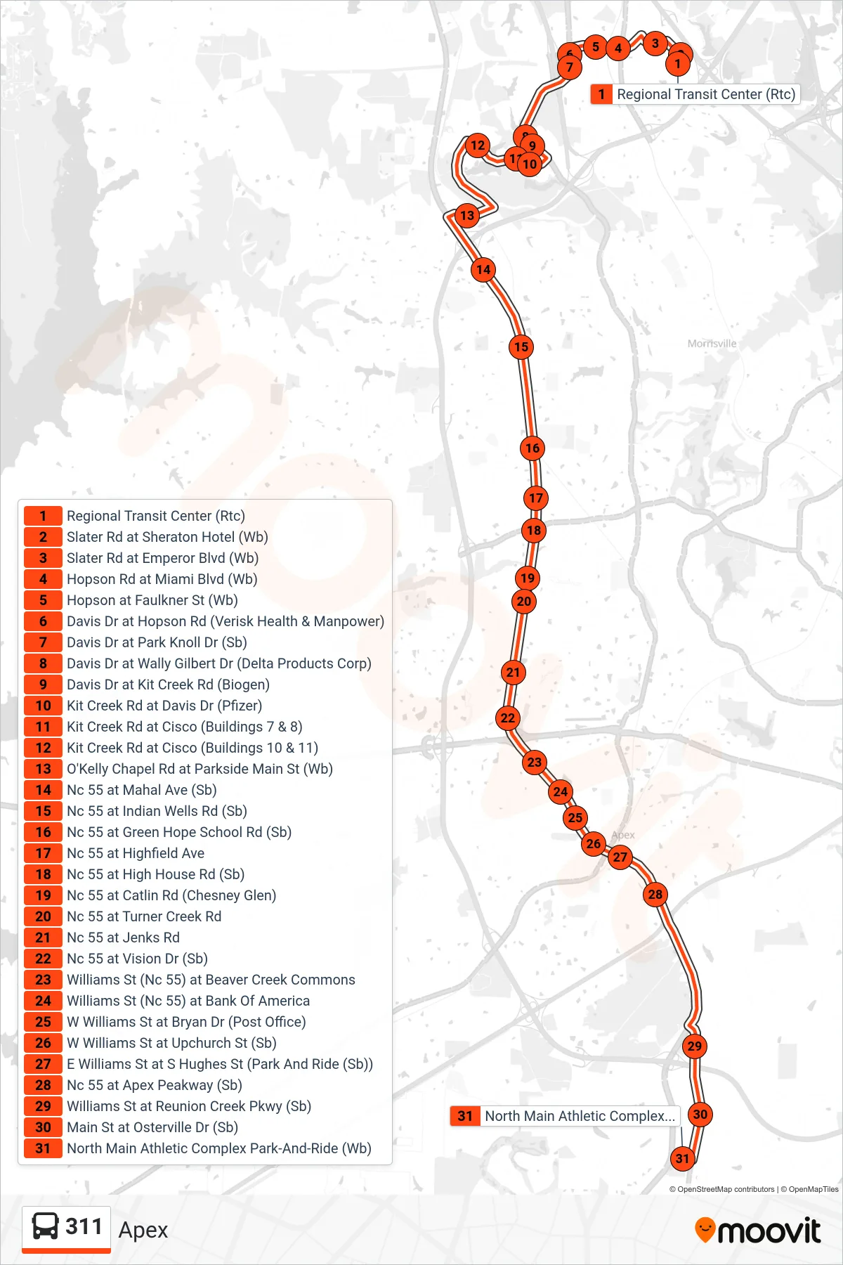 311 bus Line (Apex) route and stops on a map
