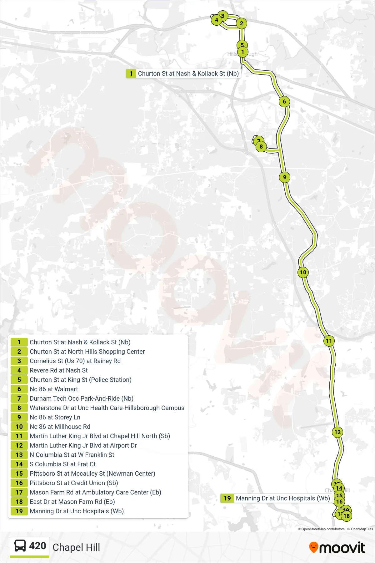 420 bus Line (Chapel Hill) route and stops on a map