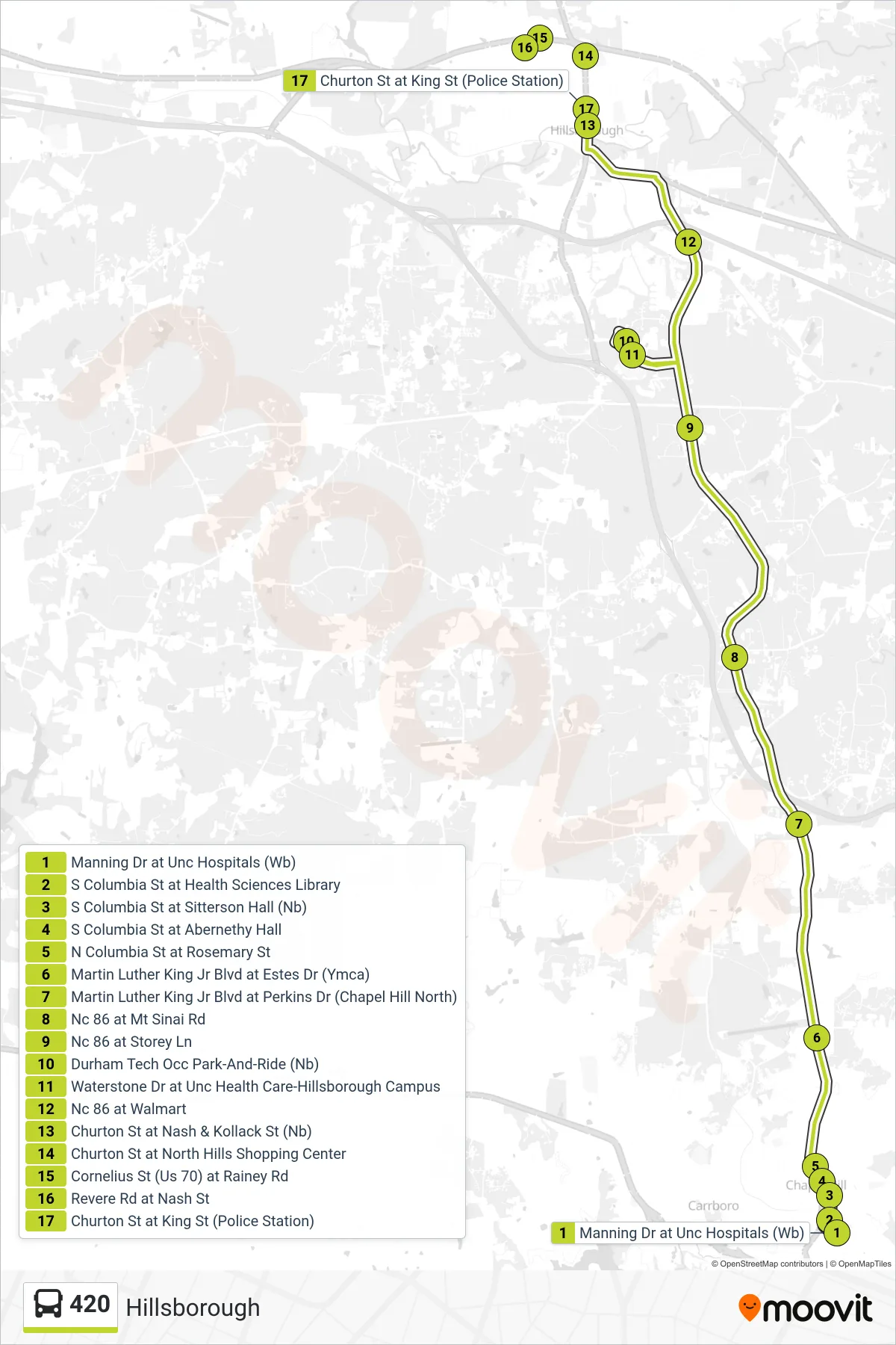 420 bus Line (Hillsborough) route and stops on a map