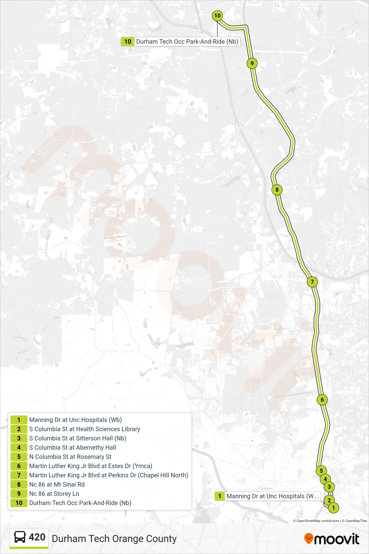 420 bus Line (Durham Tech Orange County) route and stops on a map