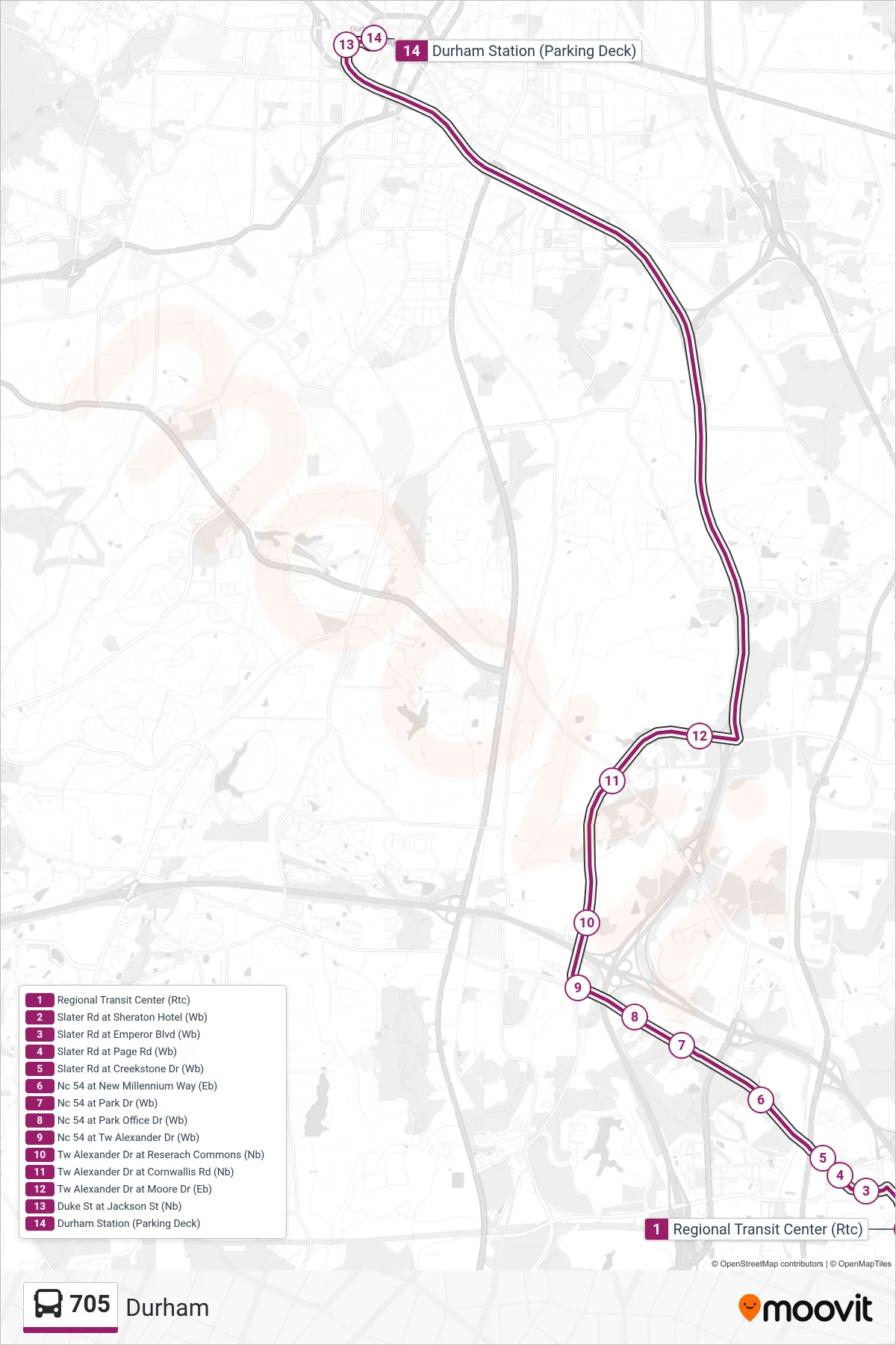 705 bus Line (Durham) route and stops on a map
