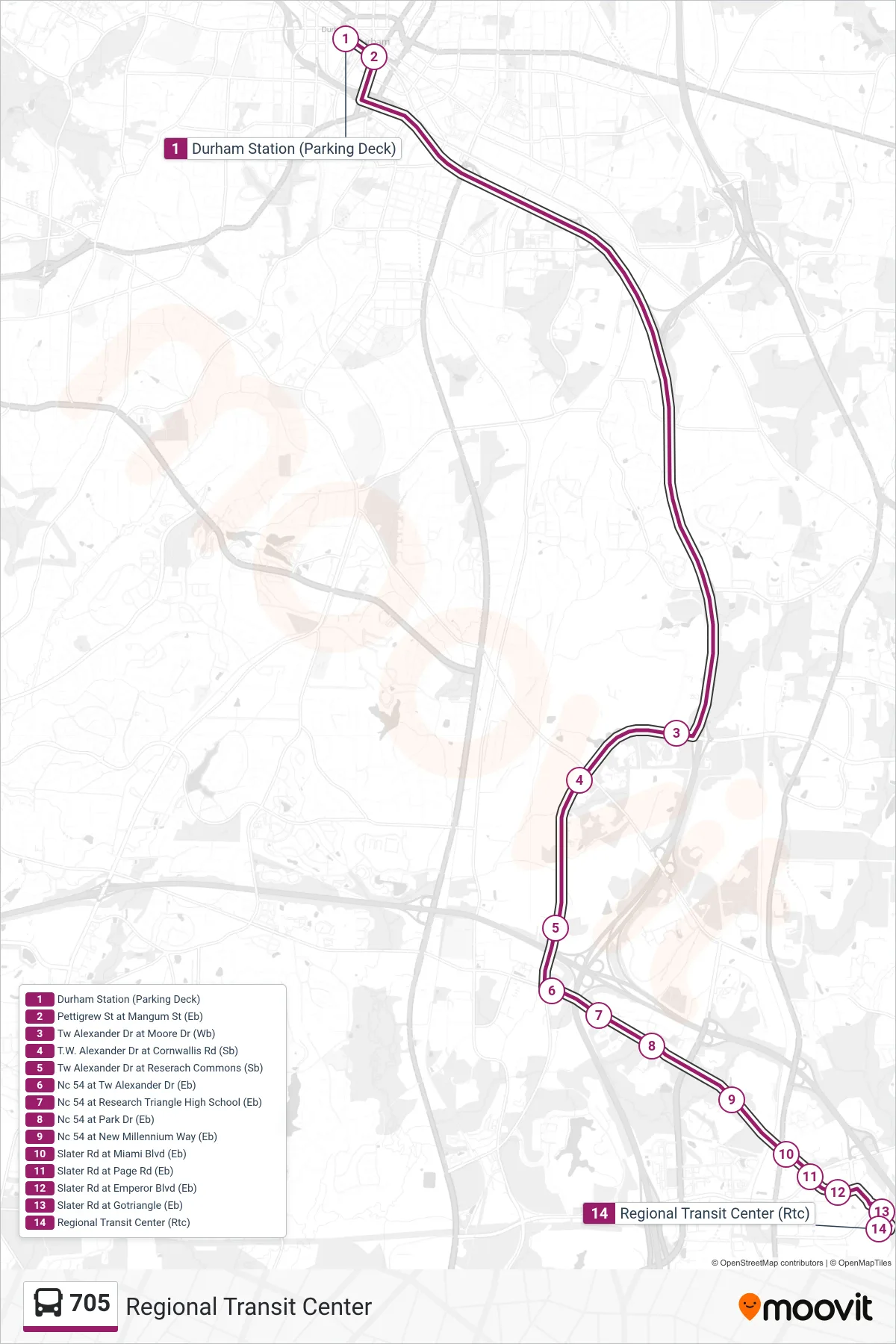 705 bus Line (Regional Transit Center) route and stops on a map