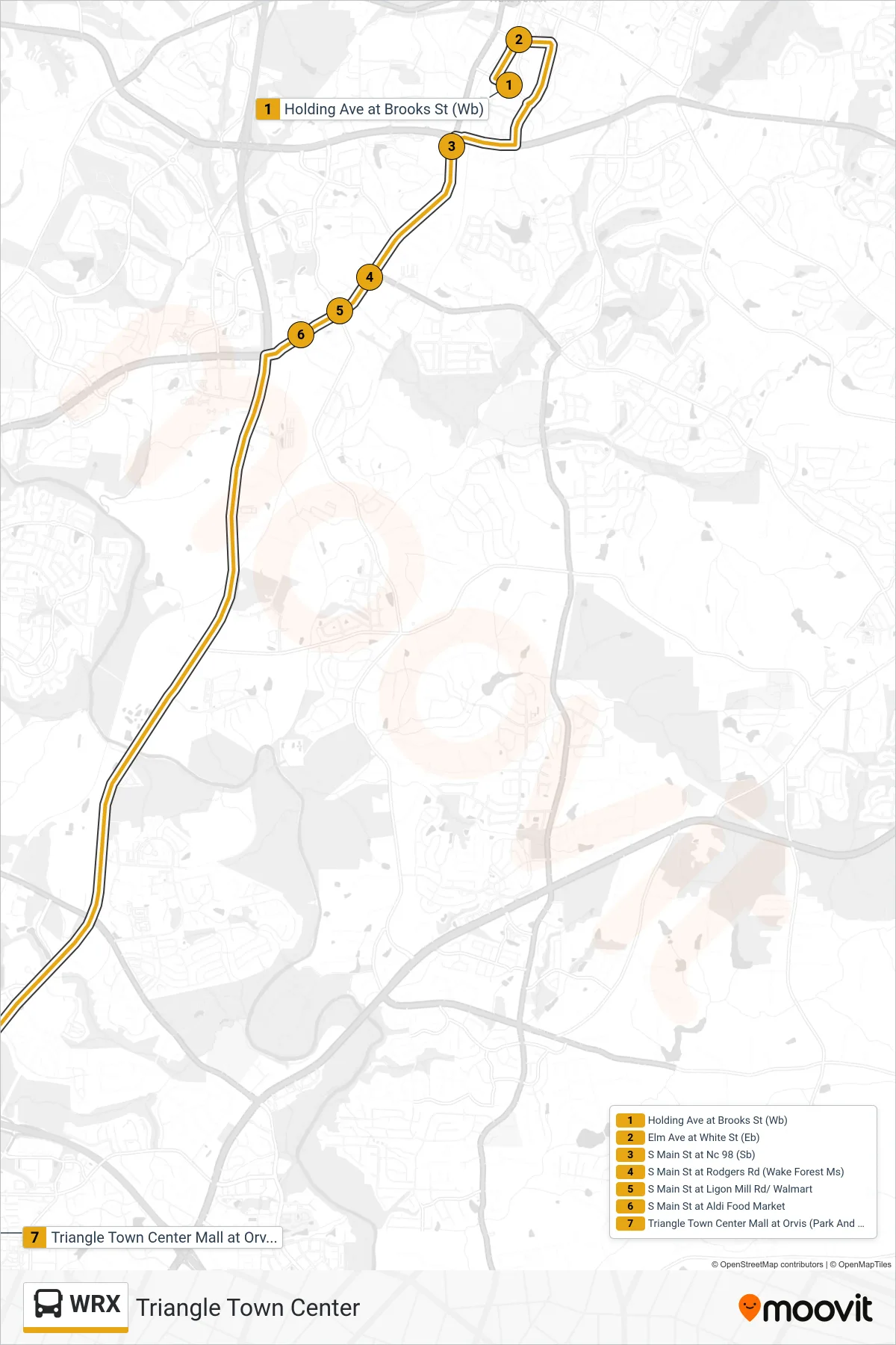 WRX bus Line (Triangle Town Center) route and stops on a map