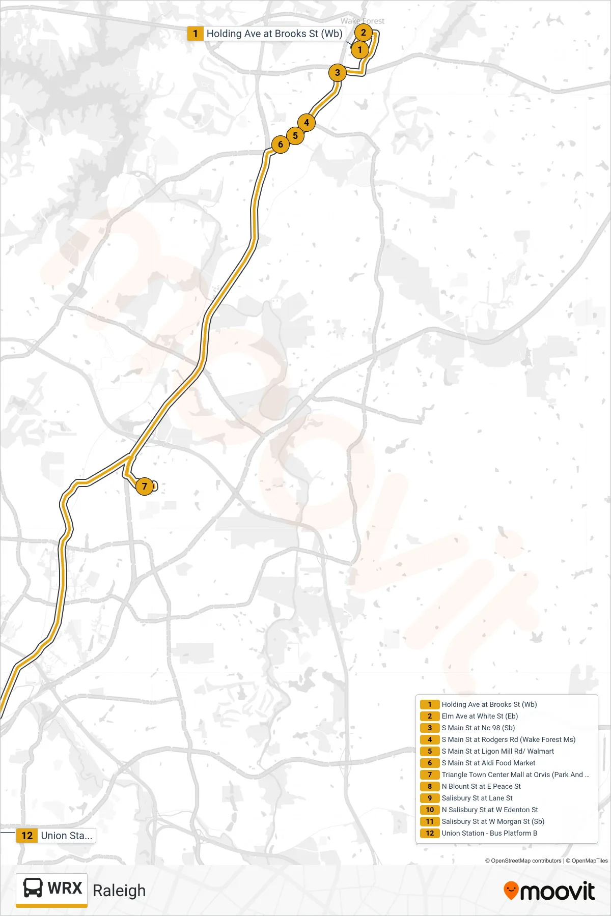WRX bus Line (Raleigh) route and stops on a map