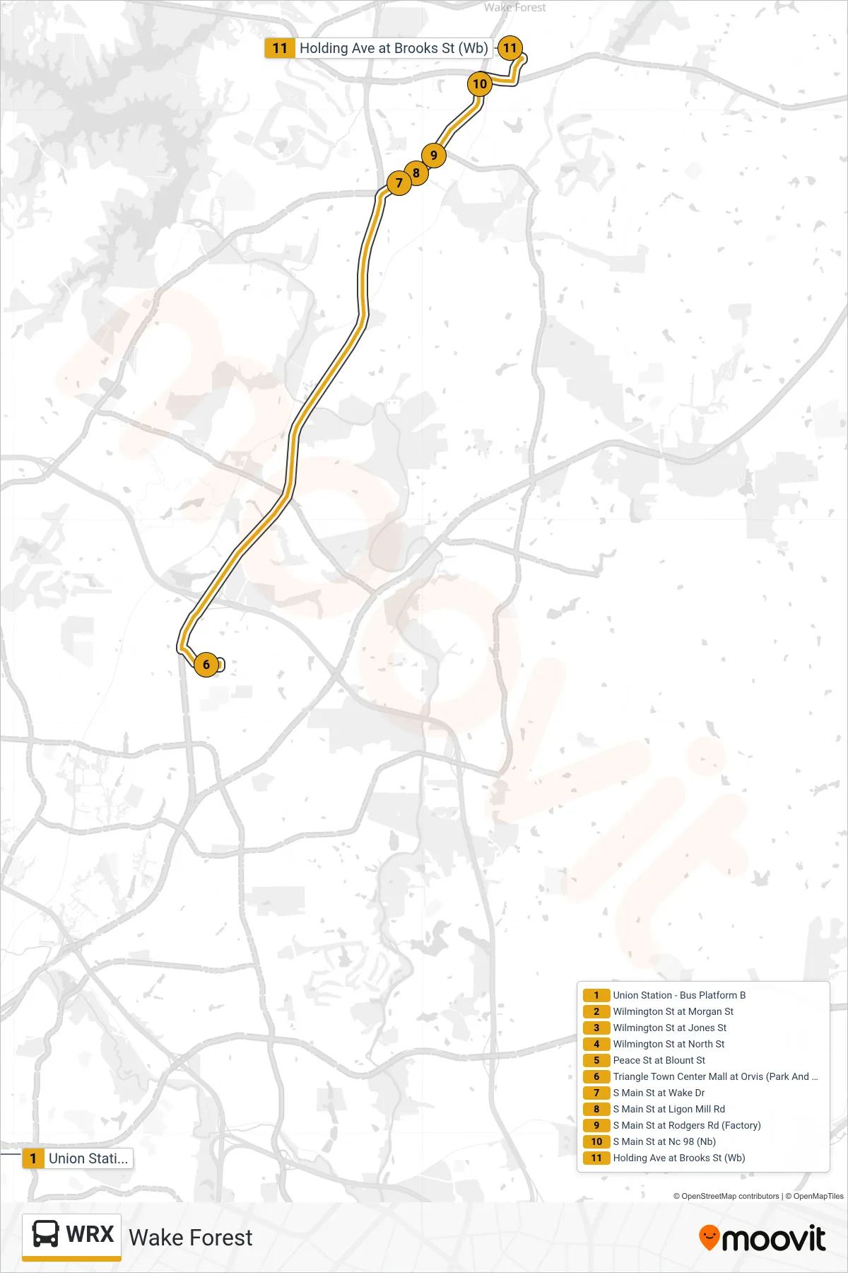 WRX bus Line (Wake Forest) route and stops on a map