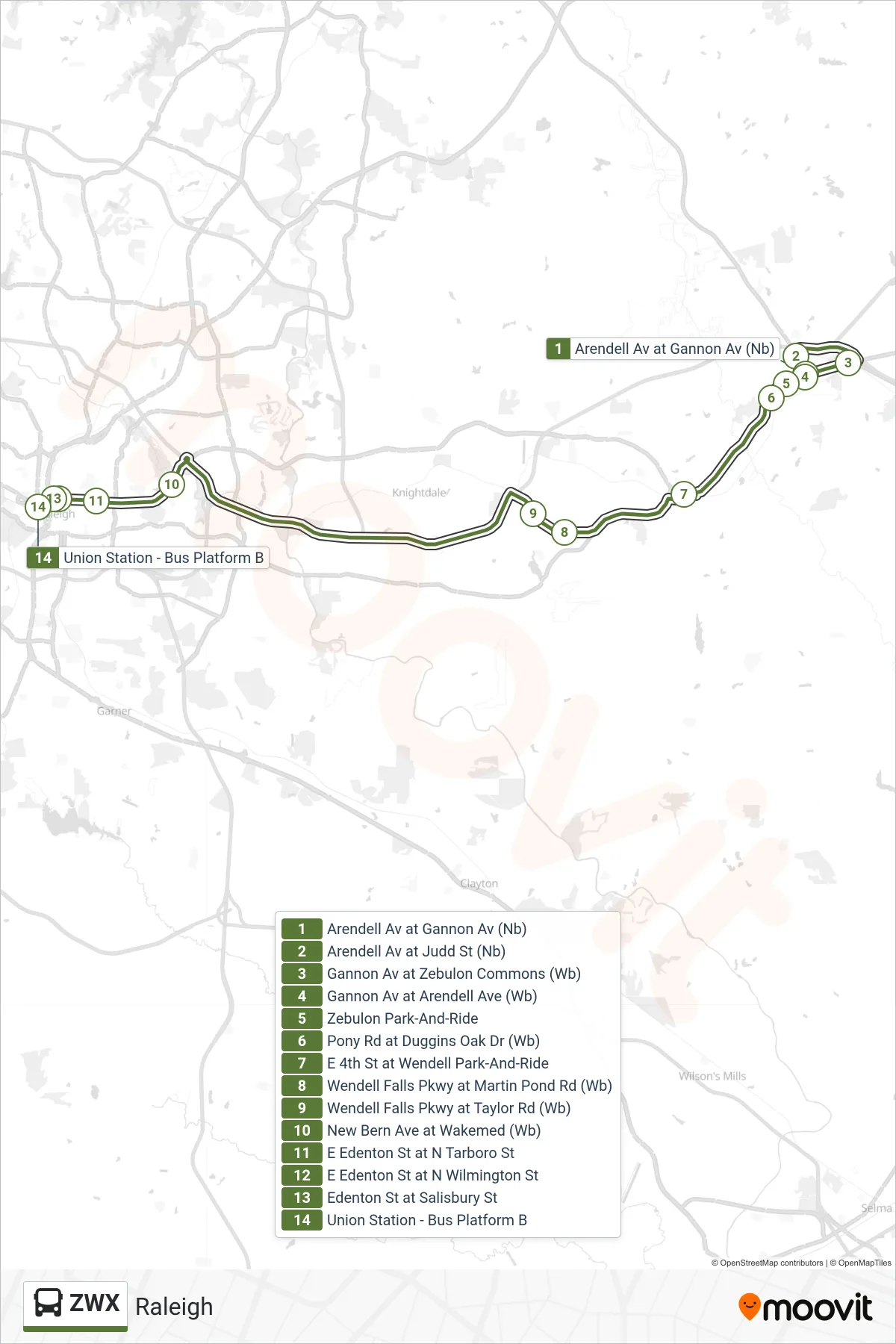 ZWX bus Line (Raleigh) route and stops on a map