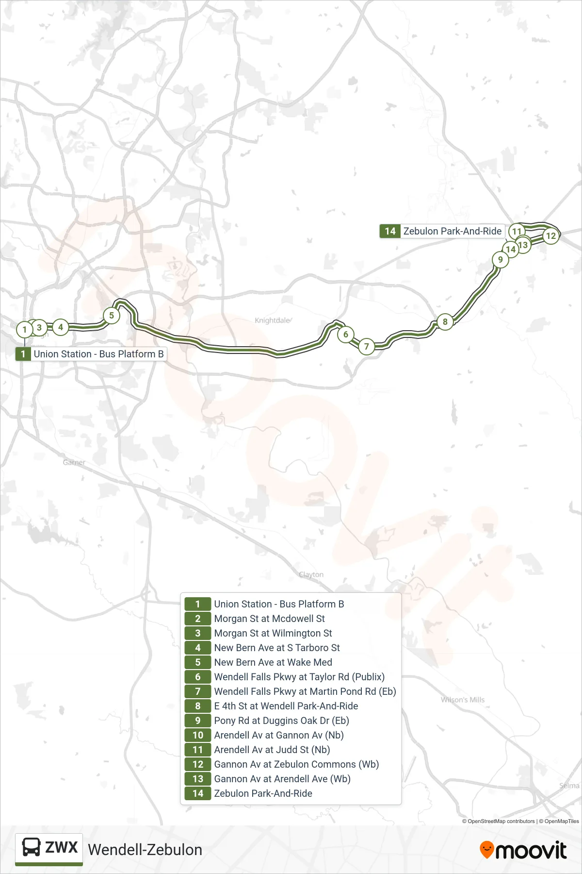 ZWX bus Line (Wendell-Zebulon) route and stops on a map