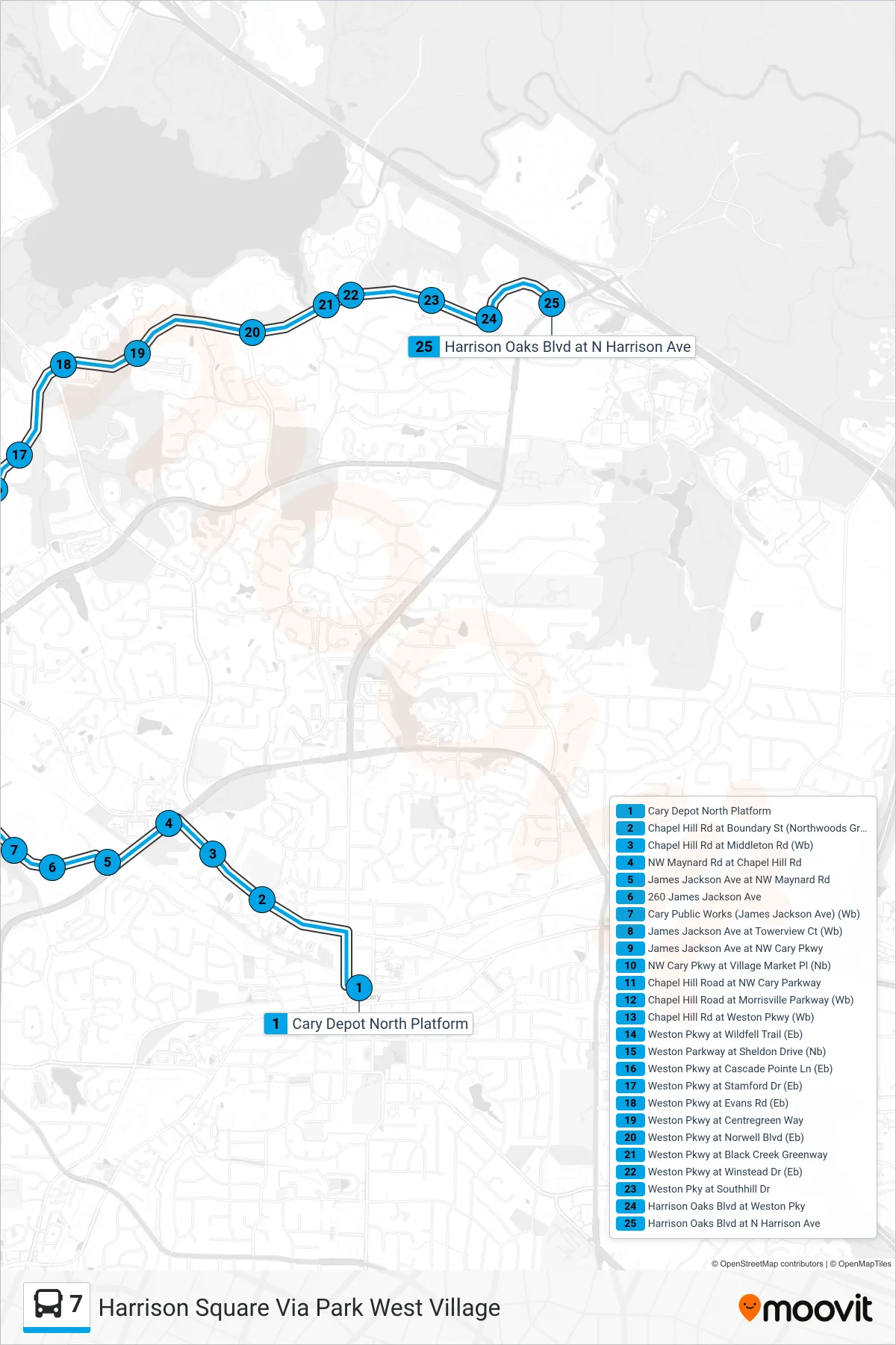 Recorrido y paradas de la línea 7 de autobús (Harrison Square Via Park West Village) en el mapa