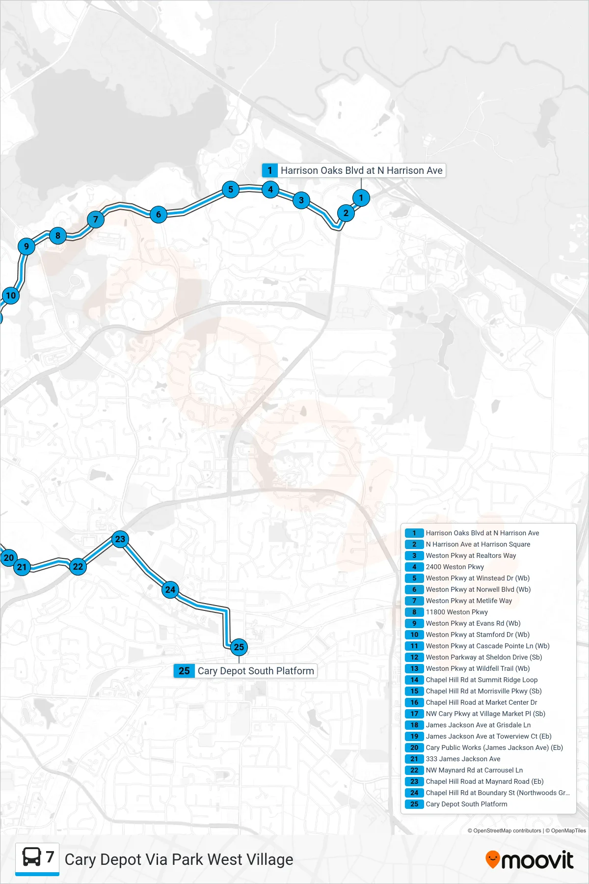7 bus Line (Cary Depot Via Park West Village) route and stops on a map