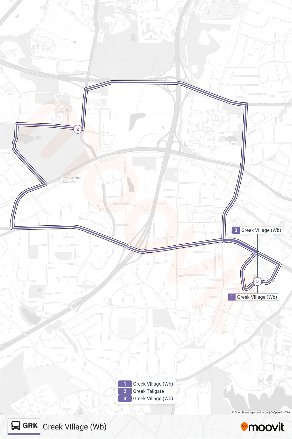 GRK bus Line (Greek Village (Wb)) route and stops on a map
