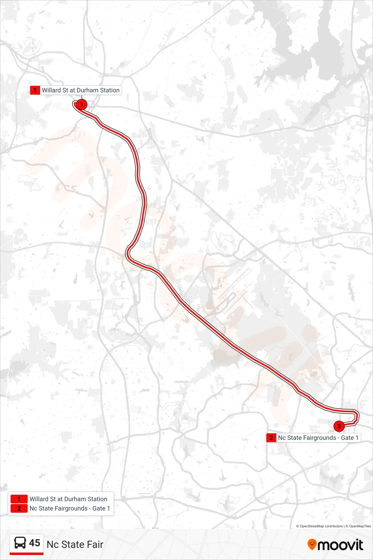 45 bus Line (Nc State Fair) route and stops on a map
