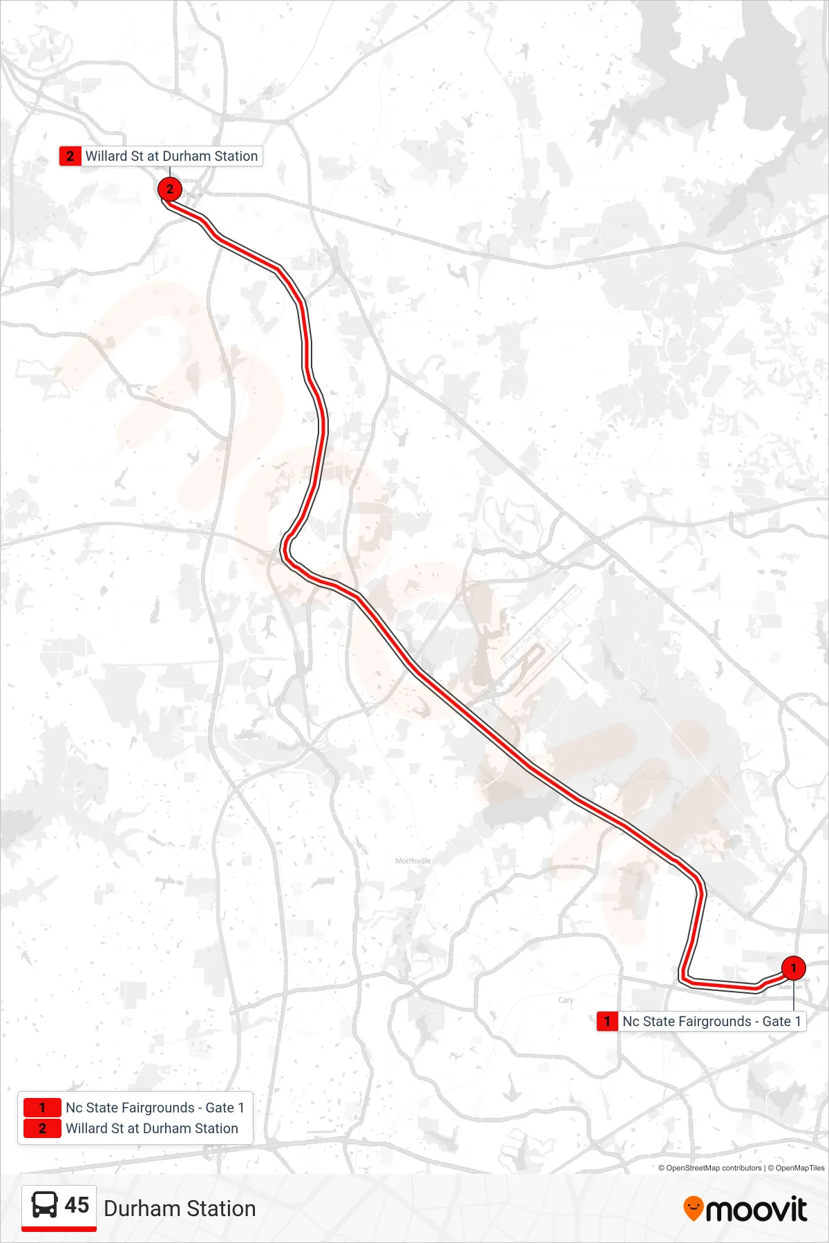 45 bus Line (Durham Station) route and stops on a map
