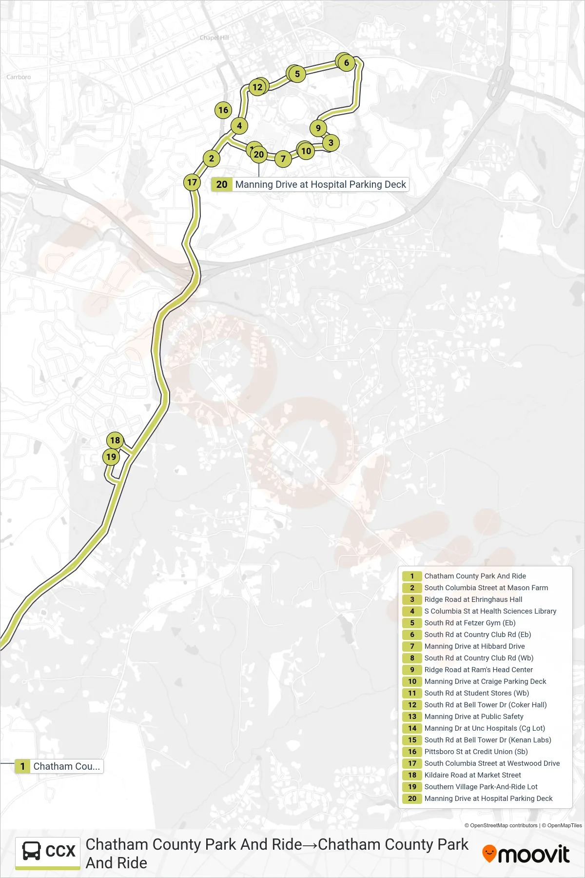 CCX bus Line (Chatham County Park And Ride→Chatham County Park And Ride) route and stops on a map