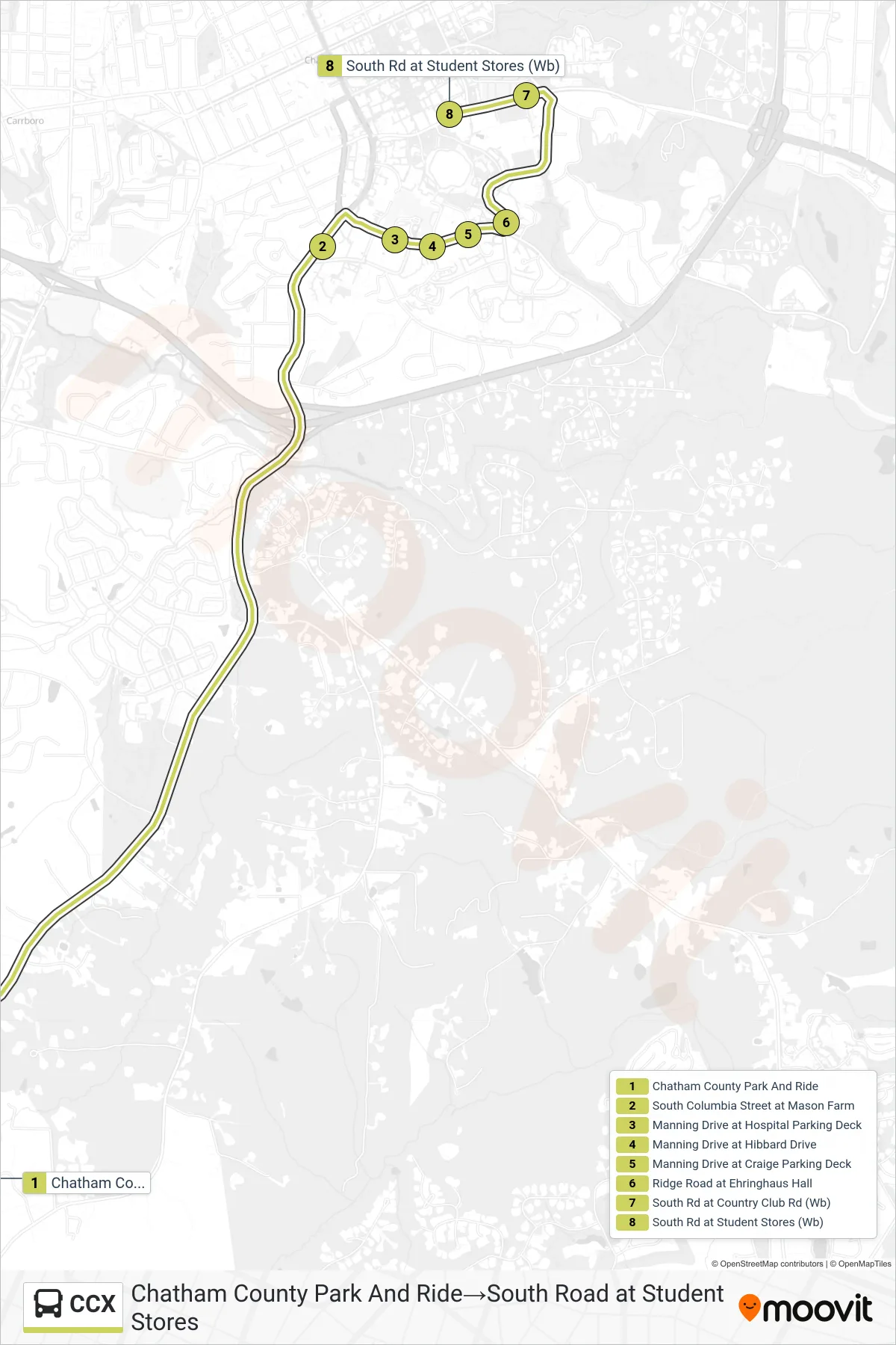 CCX bus Line (Chatham County Park And Ride‎→South Road at Student Stores) route and stops on a map
