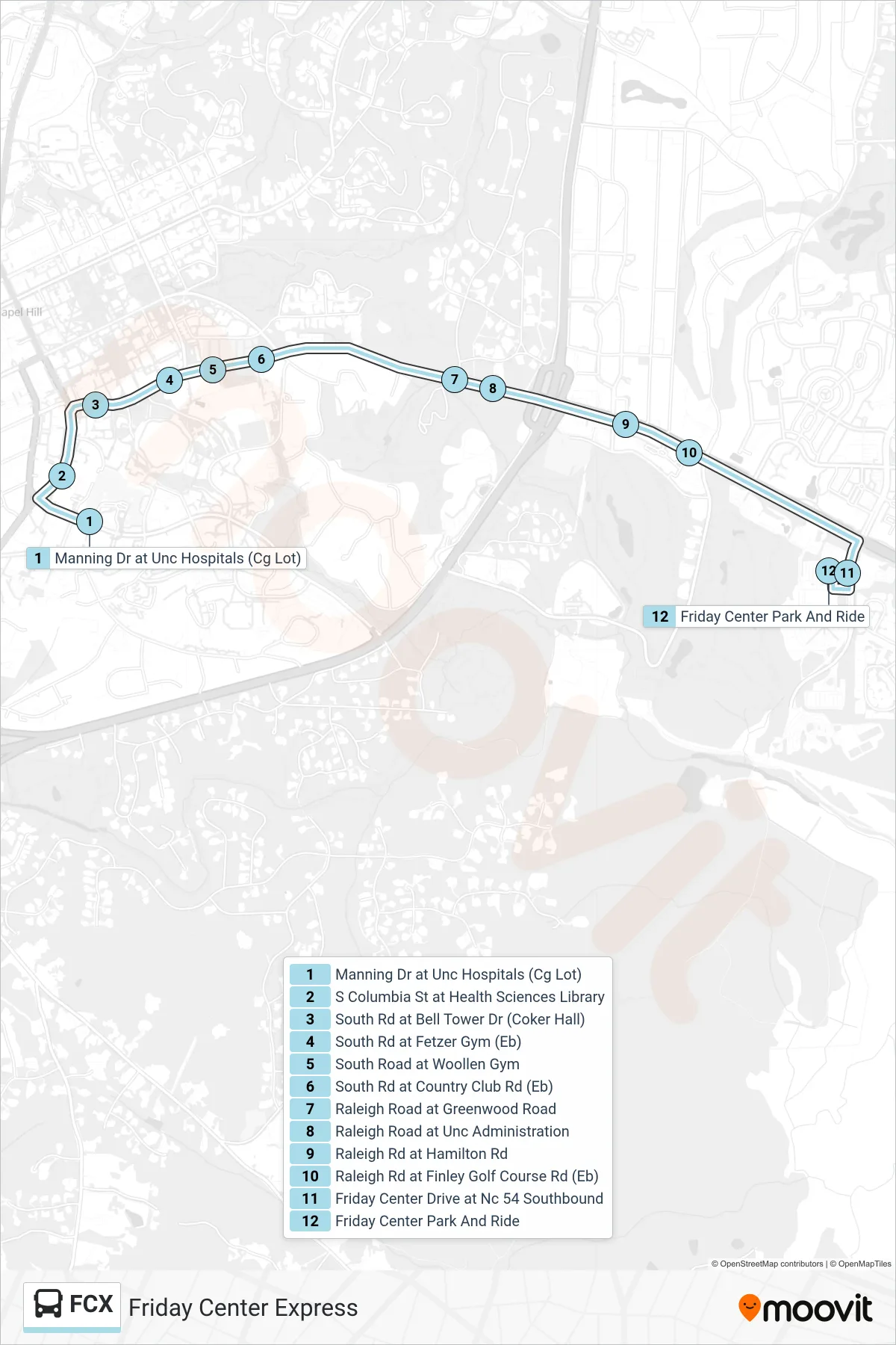 FCX bus Line (Manning Dr at Unc Hospitals→Friday Center Park And Ride) route and stops on a map