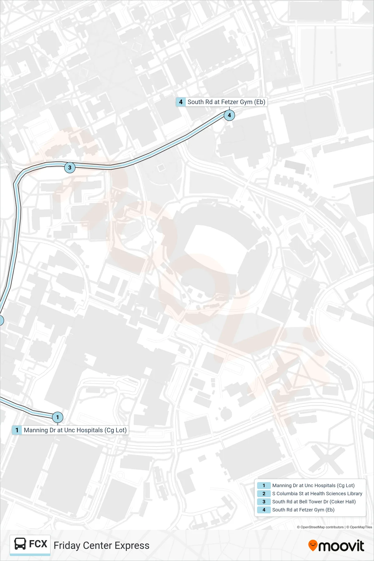 FCX bus Line (Manning Dr at Unc Hospitals→South Road at Fetzer Gym) route and stops on a map