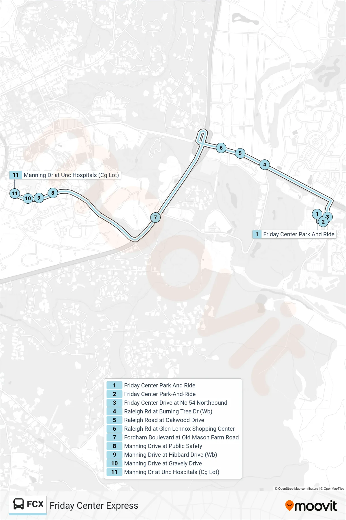 FCX bus Line (Friday Center Park And Ride‎→Manning Dr at Unc Hospitals) route and stops on a map
