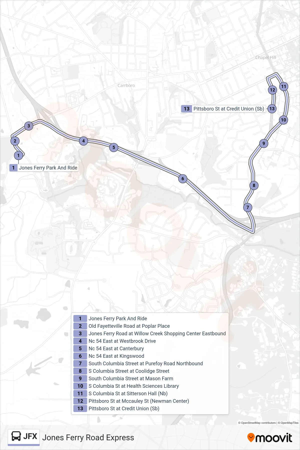 JFX bus Line (Jones Ferry Park And Ride‎→Pittsboro St at Credit Union) route and stops on a map