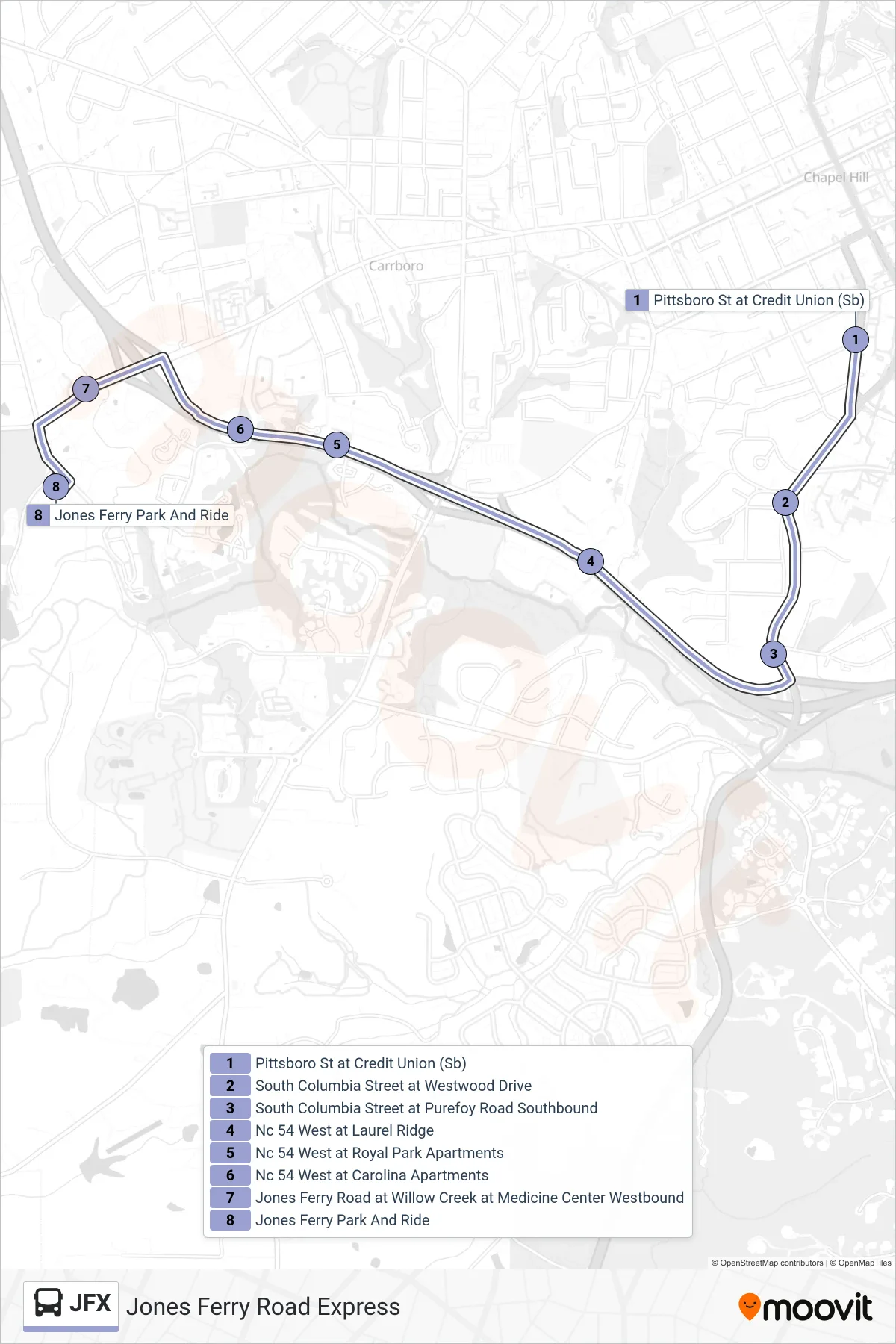JFX bus Line (Pittsboro St at Credit Union→Jones Ferry Park And Ride) route and stops on a map